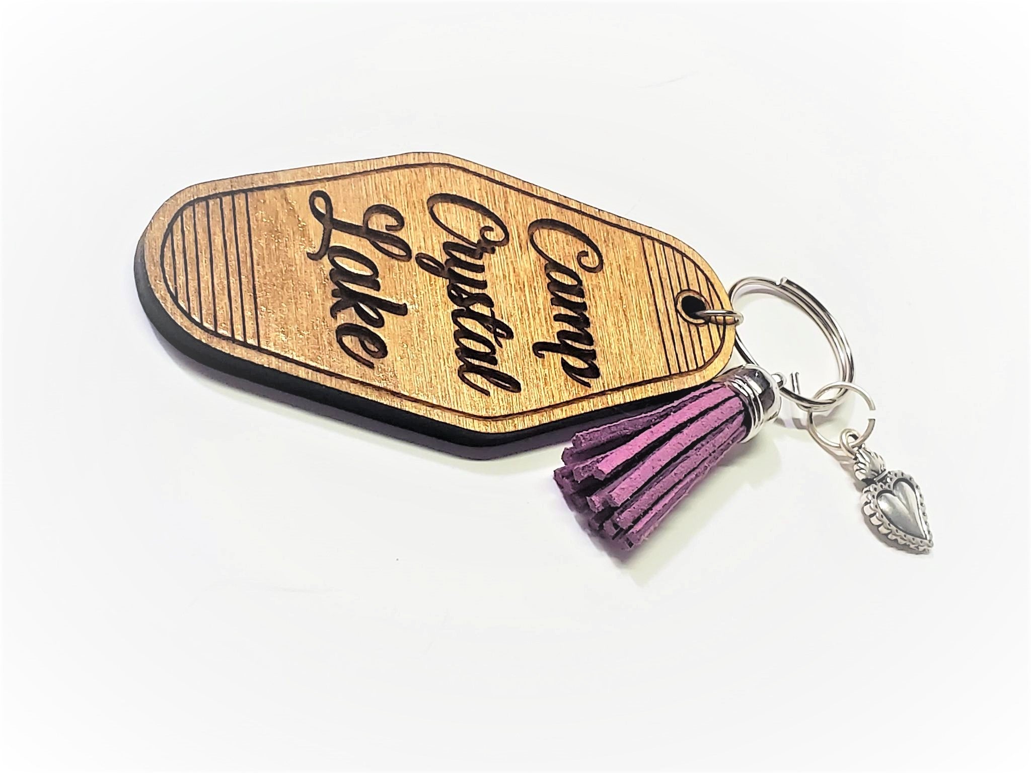 Crystal Lake Wooden Hotel Keychain with Fluffy Bracelet
