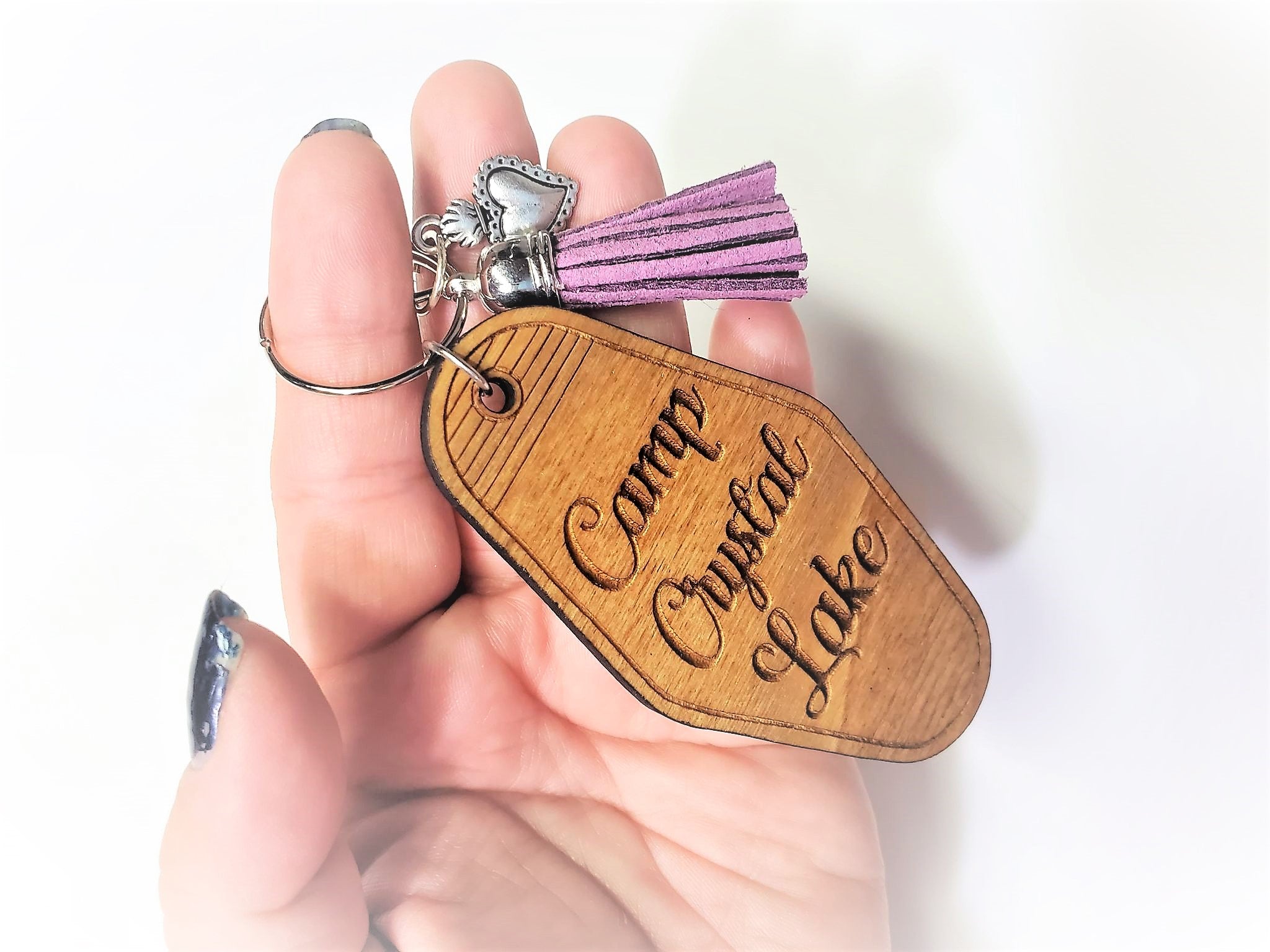Crystal Lake Wooden Hotel Keychain with Fluffy Bracelet