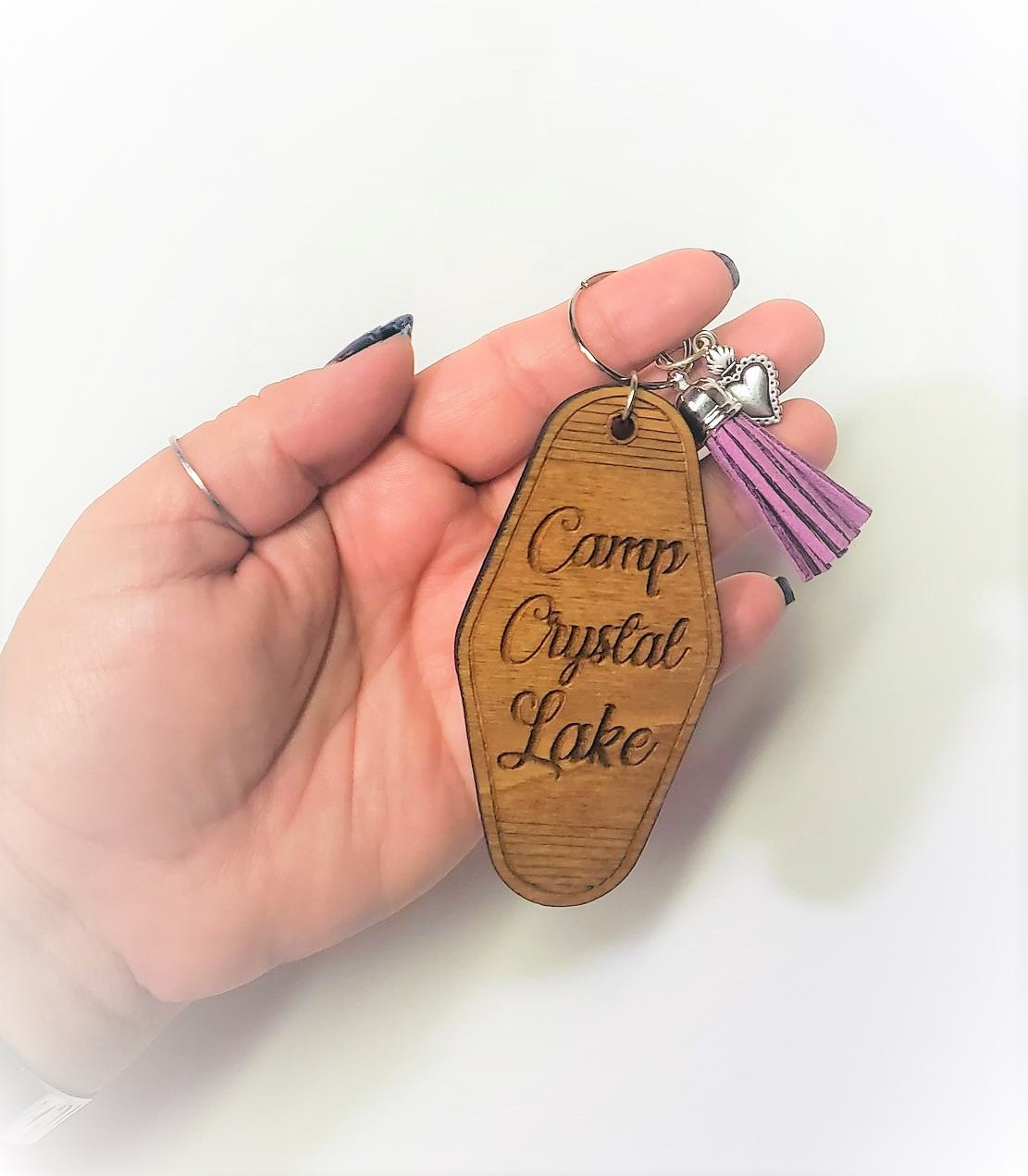 Crystal Lake Wooden Hotel Keychain with Fluffy Bracelet