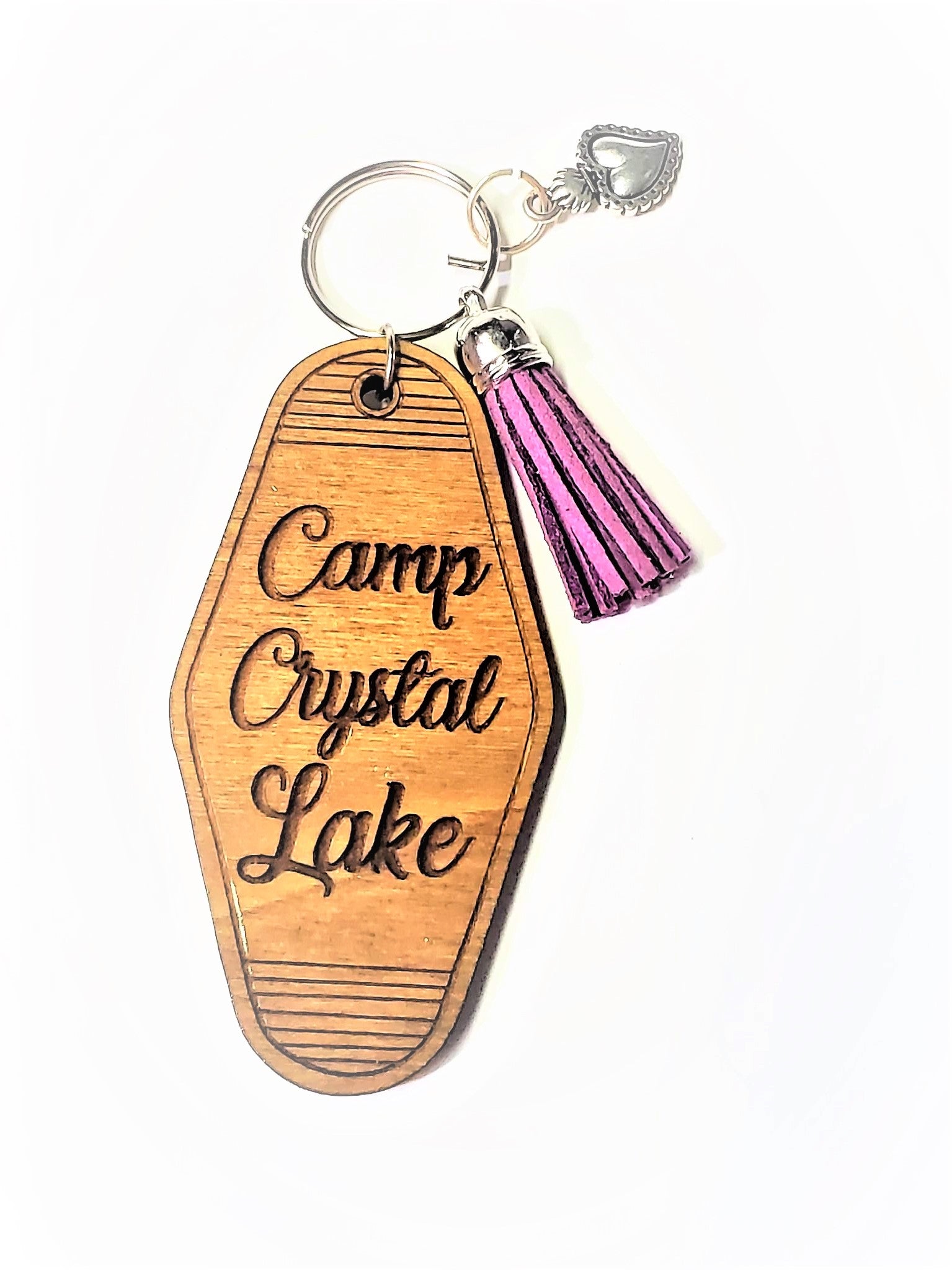Crystal Lake Wooden Hotel Keychain with Fluffy Bracelet