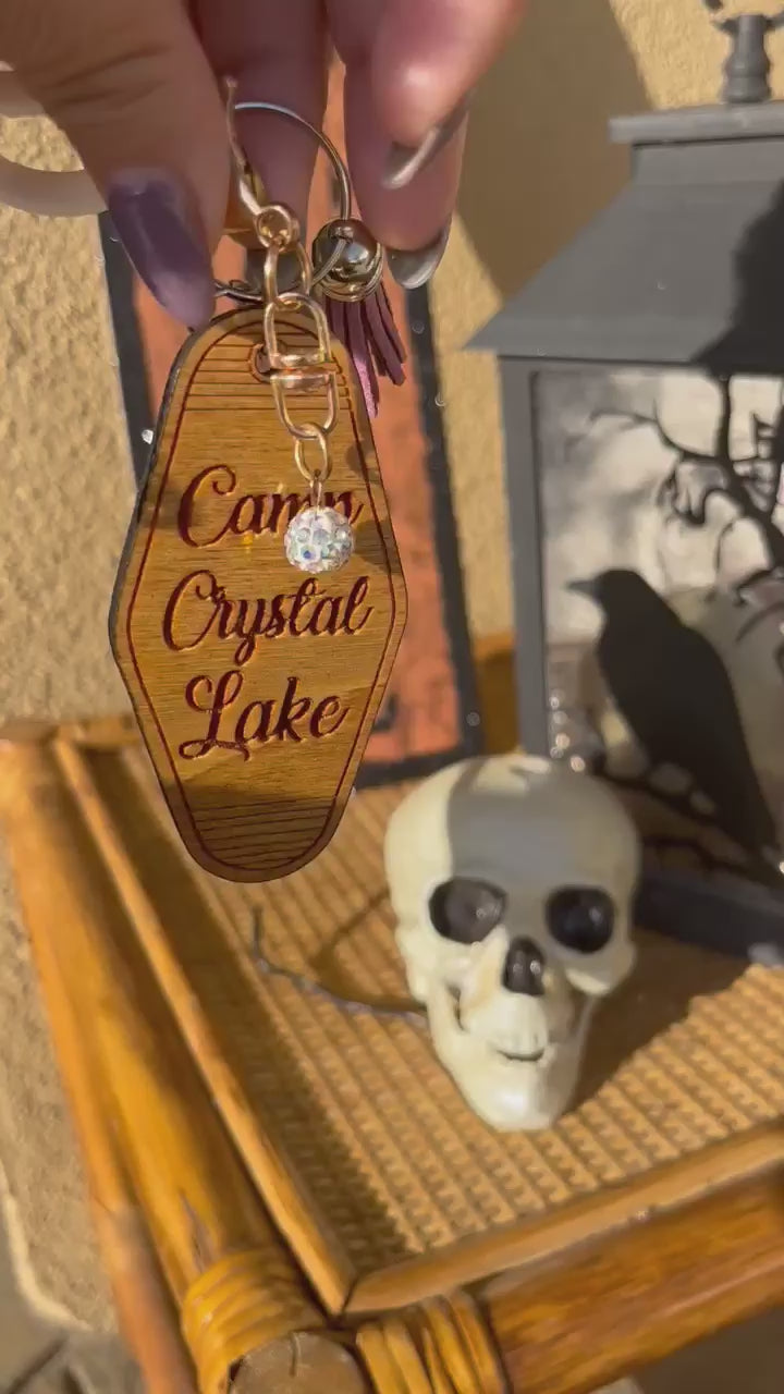 Crystal Lake Wooden Hotel Keychain with Fluffy Bracelet