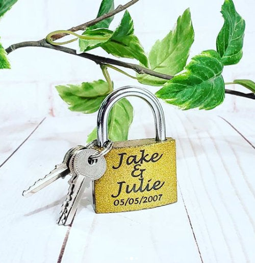 ETCHED GOLD LOCK & 2 keys Custom Laser Engraved Medium 1.5 or Large 2.5 inch Lock Custom Quote or Name or Date Front and Back