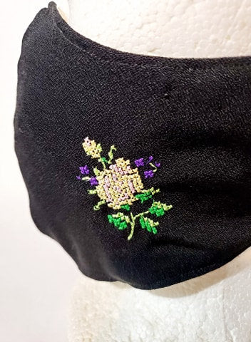 BLACK EMBROIDERED FLOWER Adult Face Mask Double Layer Face Cover Washable Reusable Made in Orange, California