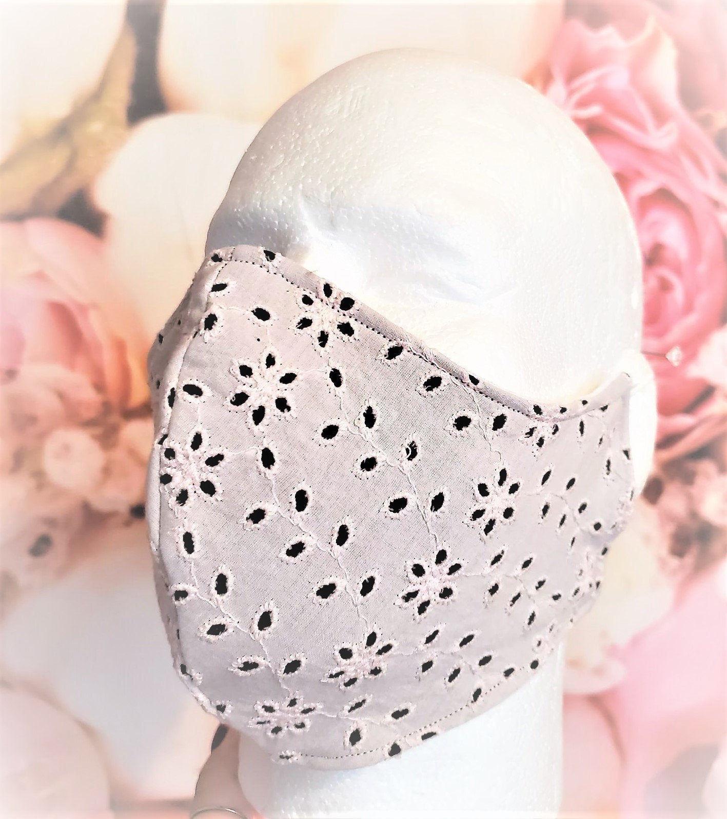 PINK EYELET FLOWER Adult Face Mask Double Layer Face Cover Washable Reusable Made in Orange, California