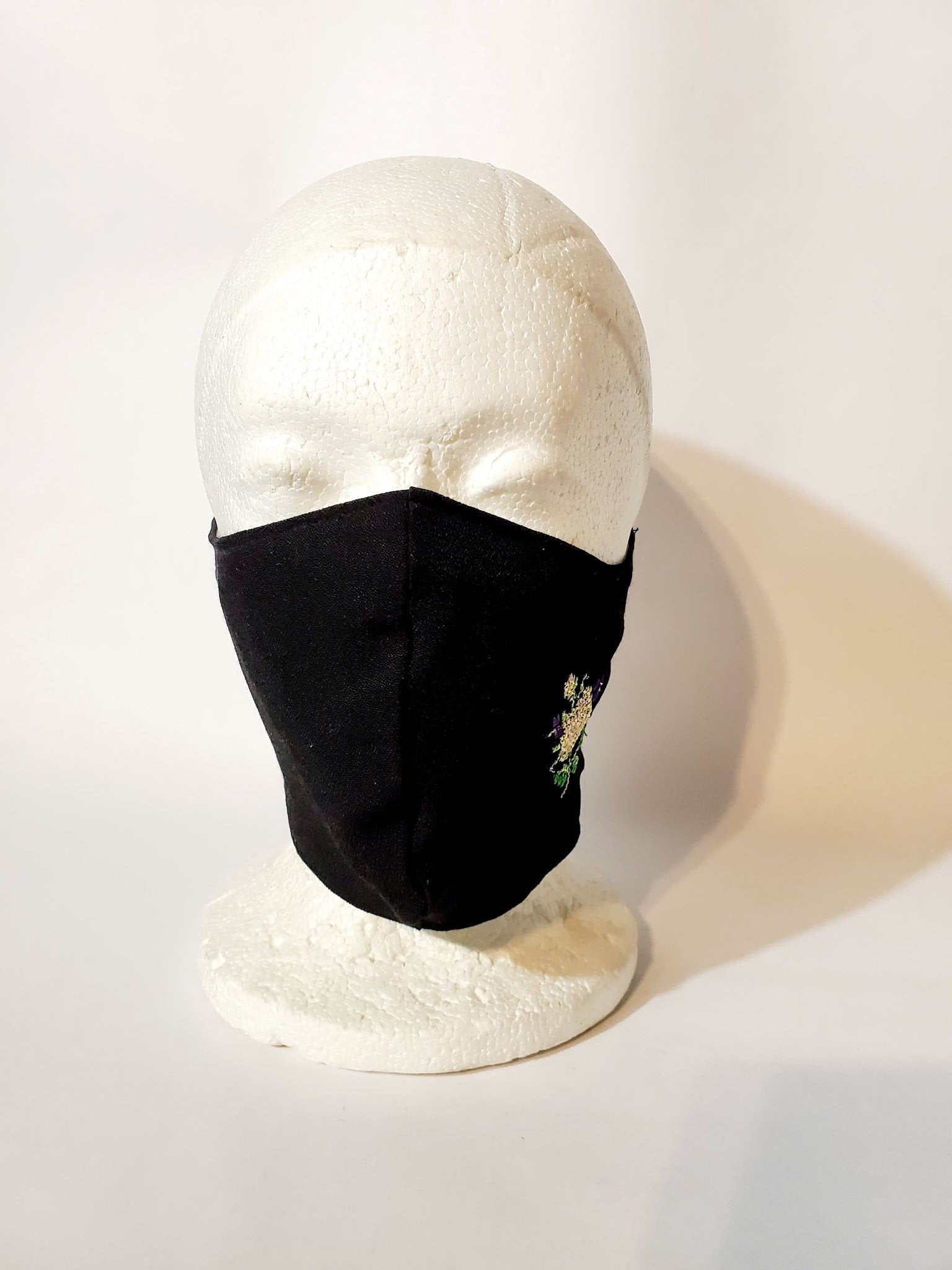 BLACK EMBROIDERED FLOWER Adult Face Mask Double Layer Face Cover Washable Reusable Made in Orange, California