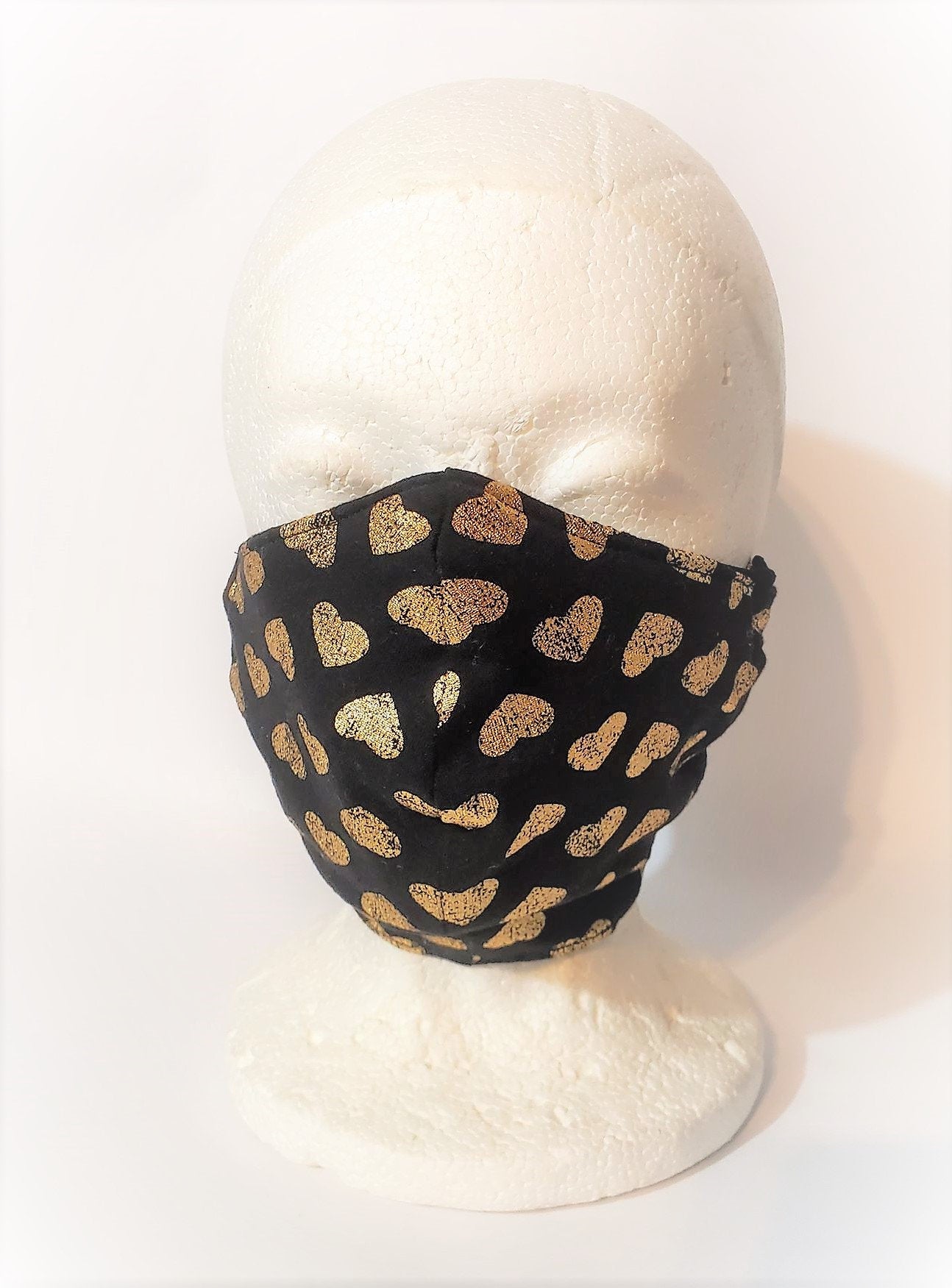 GOLD HEARTS BLACK Adult Face Mask Double Layer Face Cover Washable Reusable Made in Orange, California