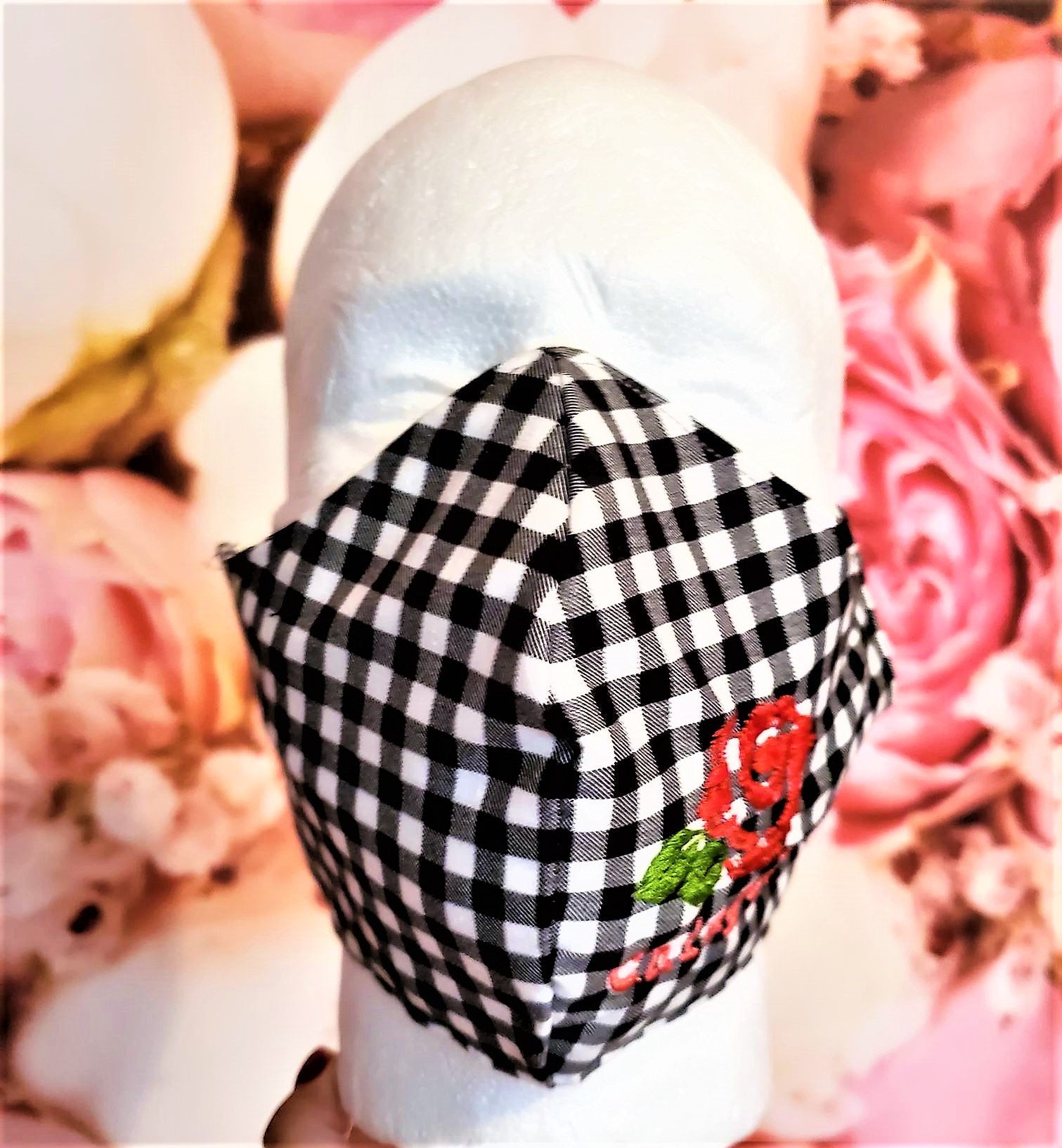 CHINGONA RED ROSE Embroidered Adult Face Mask Double Layer Face Cover Washable Reusable Made in Orange, California