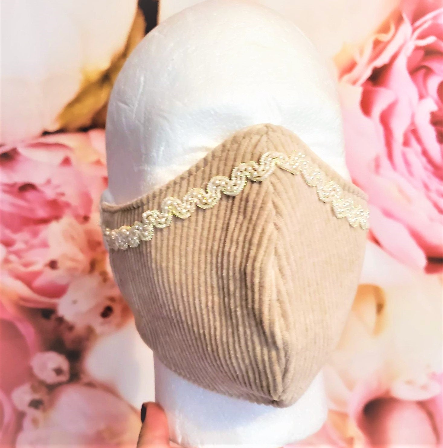 CORDUROY BEIGE LACE with pearls Adult Face Mask Double Layer Face Cover Washable Reusable Made in Orange, California