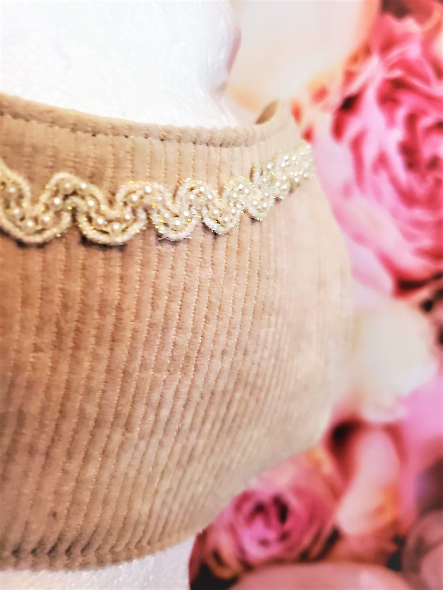 CORDUROY BEIGE LACE with pearls Adult Face Mask Double Layer Face Cover Washable Reusable Made in Orange, California