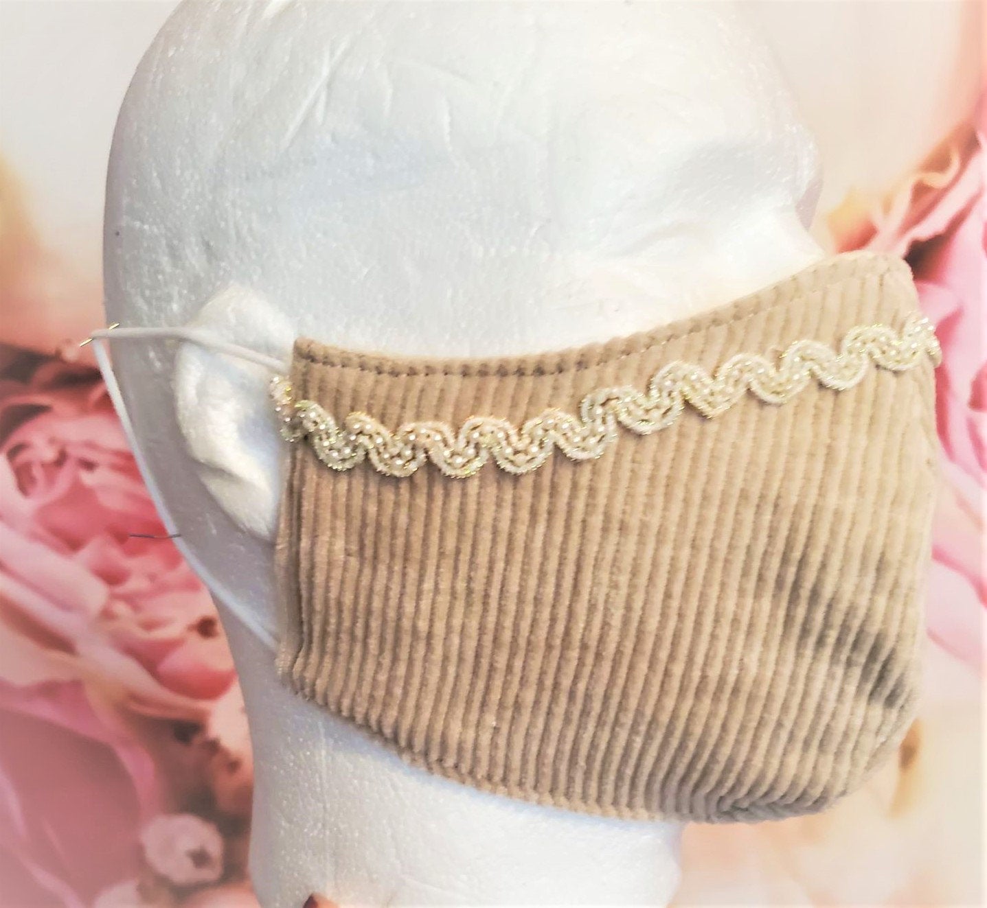 CORDUROY BEIGE LACE with pearls Adult Face Mask Double Layer Face Cover Washable Reusable Made in Orange, California