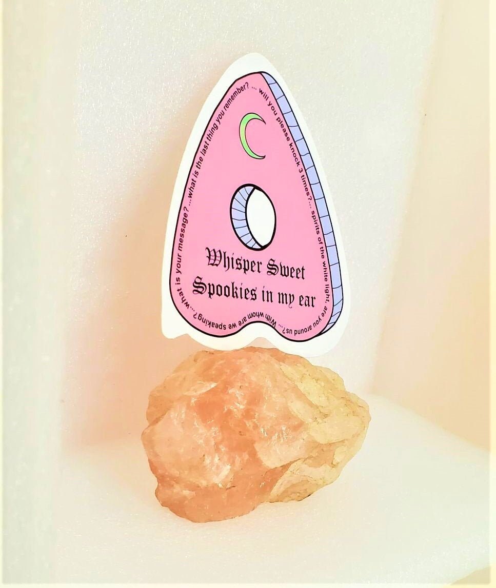 WHISPER SWEET SPOOKIES In My Ear Pink Planchette Parababes Sticker Label Glossy Weather  proof 3" Ghost Stickers Ghost Label Lace Moon