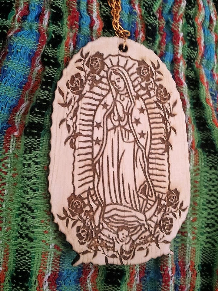 LA VIRGEN De Guadalupe Wood Pendant Necklace XL