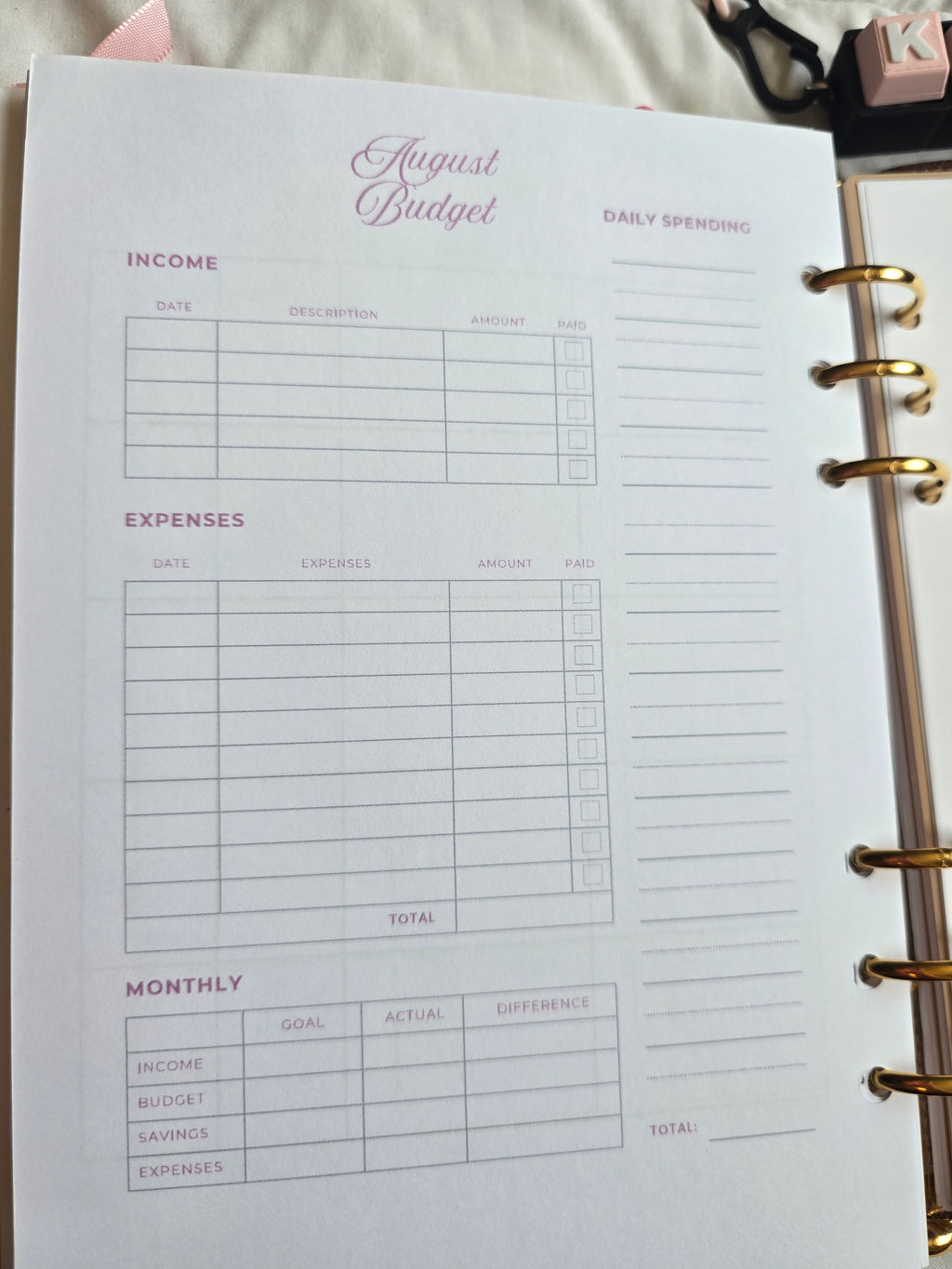 A5 PINK Planner Inserts (GM) Standard Kit
