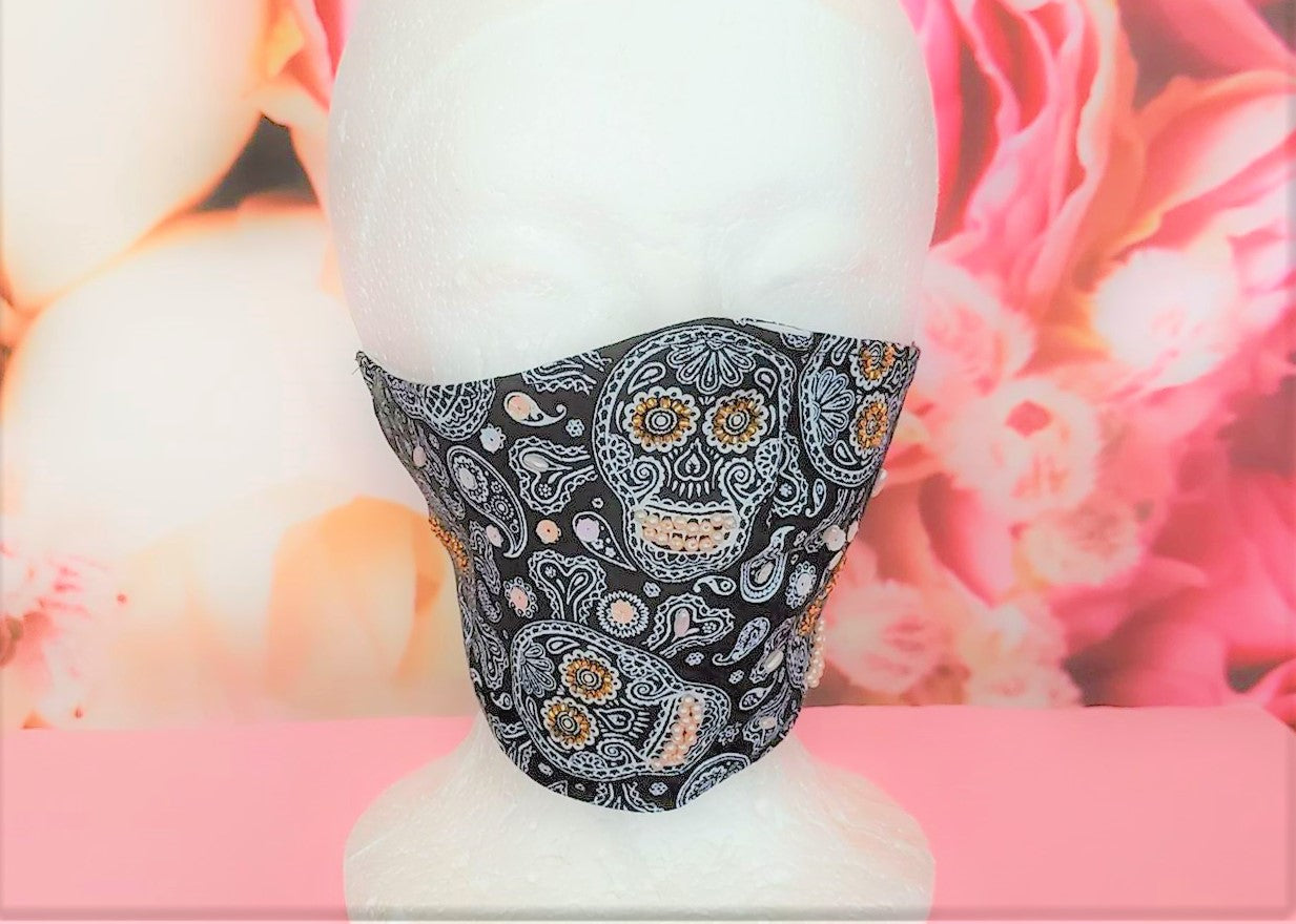 Beaded Black Skulls Face Mask Cotton