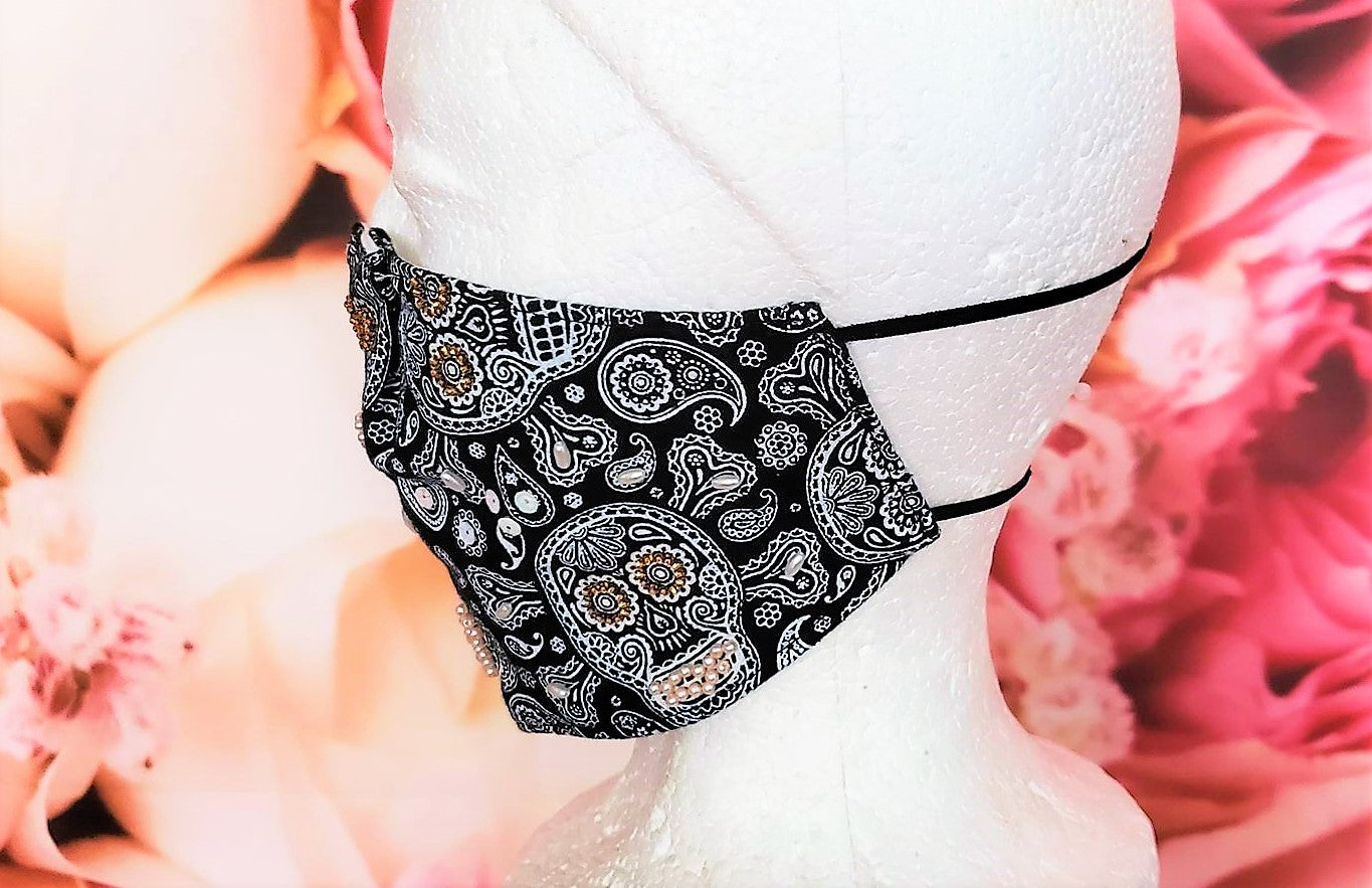 Beaded Black Skulls Face Mask Cotton