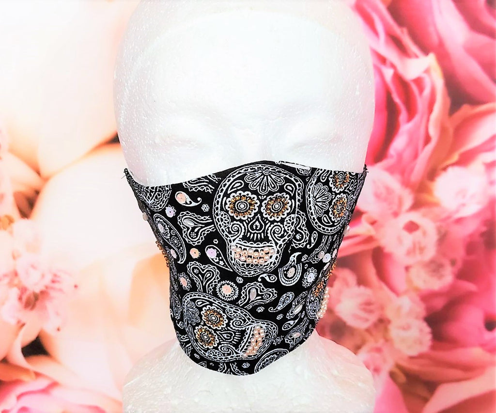 Beaded Black Skulls Face Mask Cotton