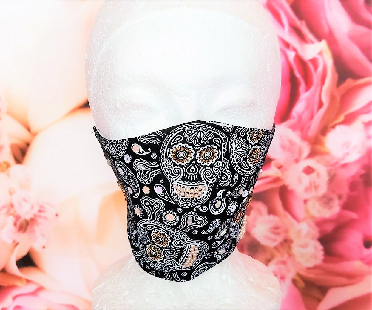 Beaded Black Skulls Face Mask Cotton