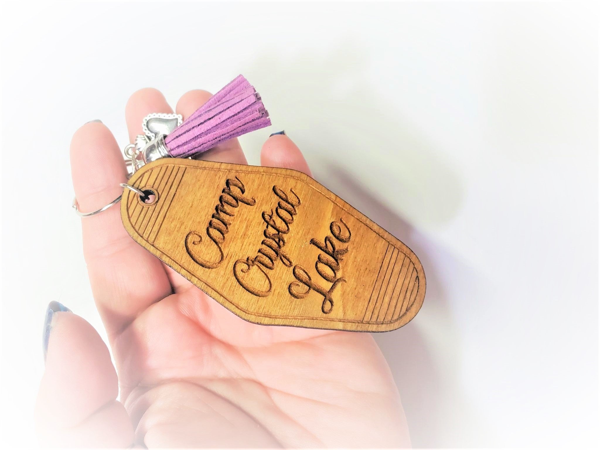 Crystal Lake Wooden Hotel Keychain with Fluffy Bracelet