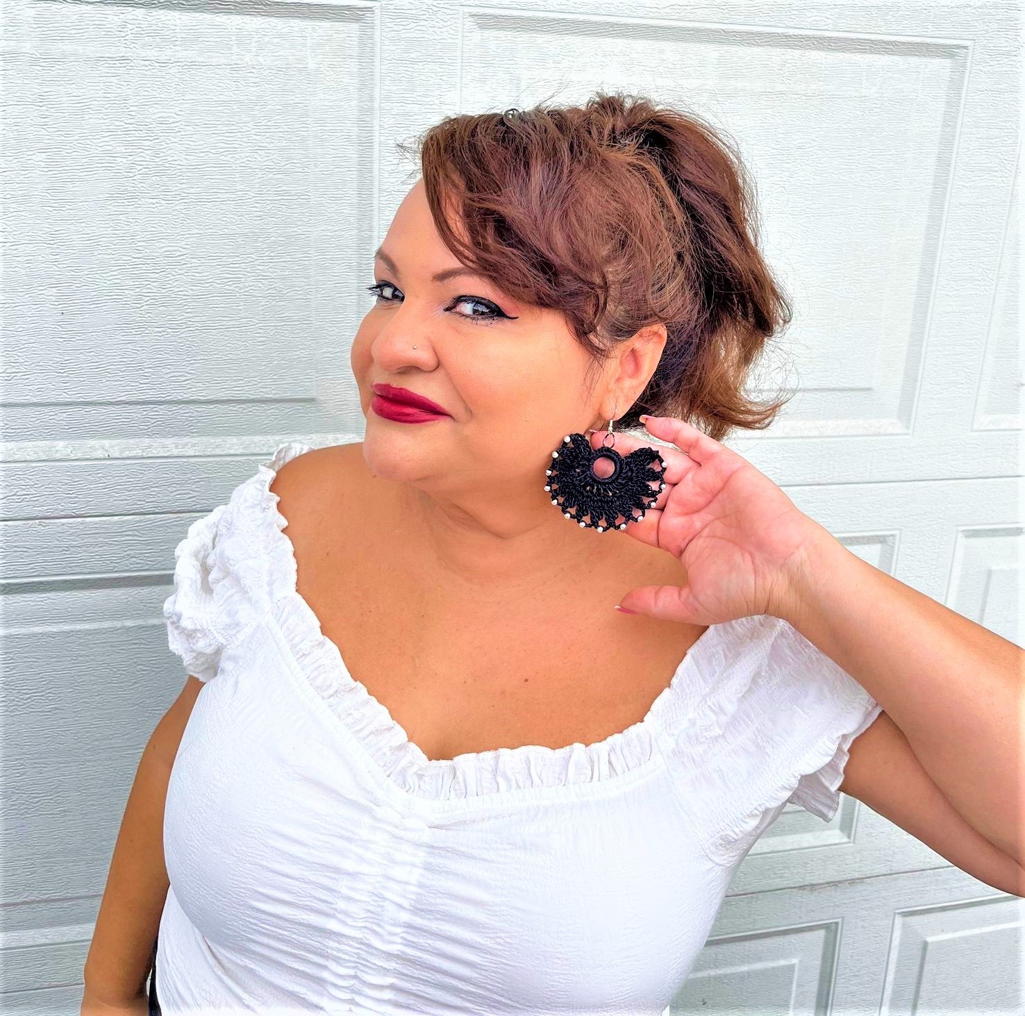 CROCHET Fan Earrings Hand made 2.5"