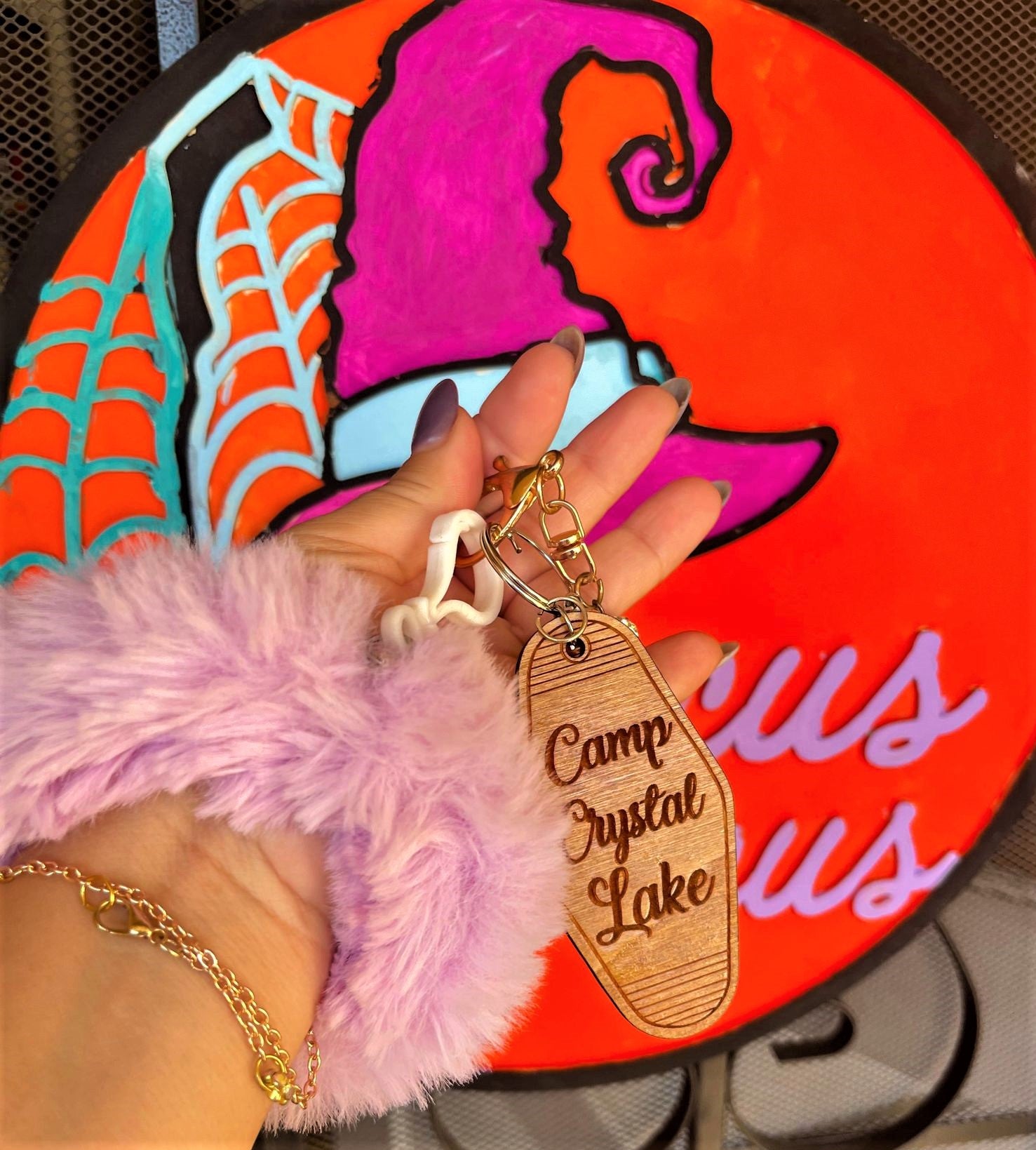 Crystal Lake Wooden Hotel Keychain with Fluffy Bracelet