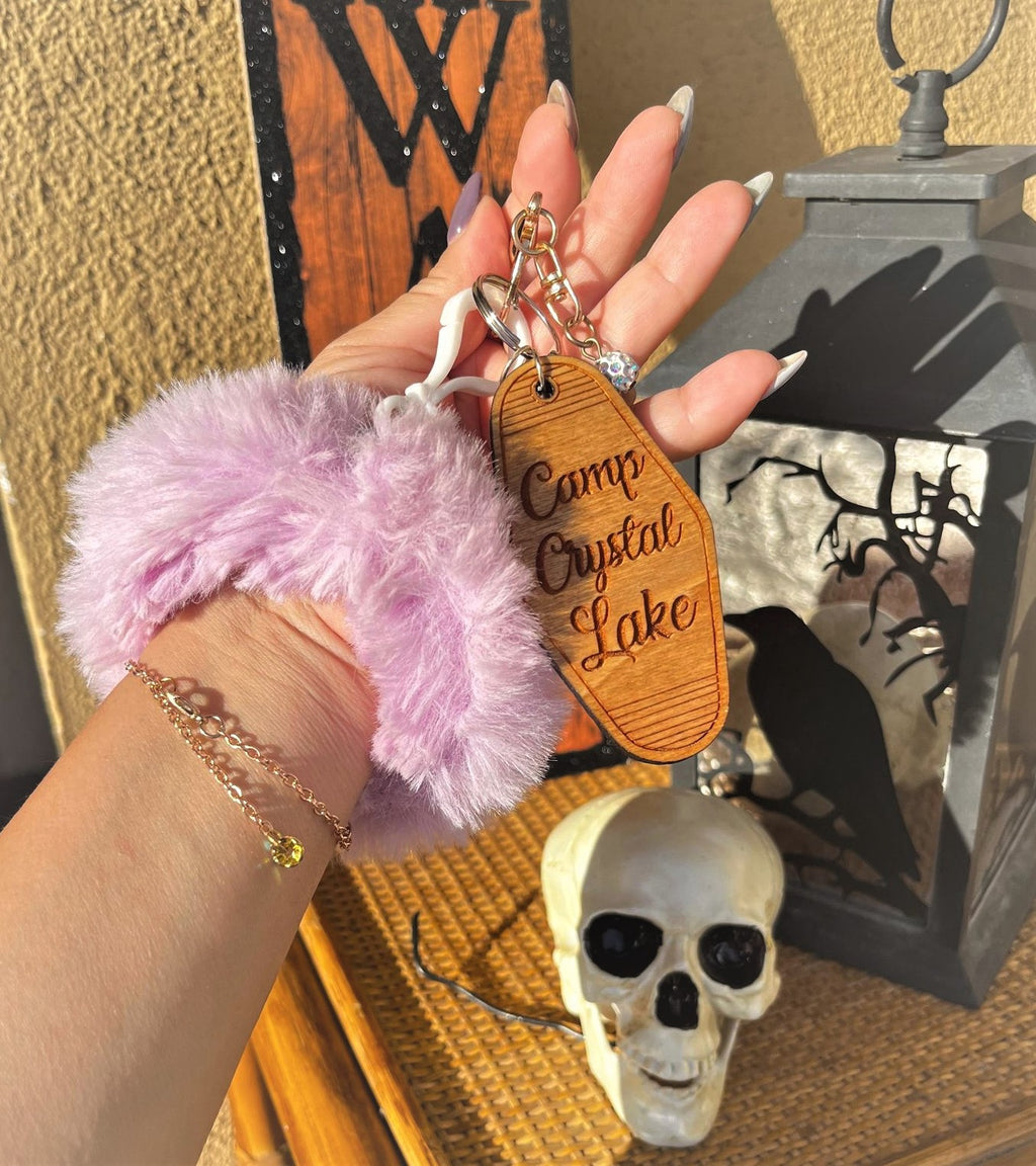 Crystal Lake Wooden Hotel Keychain with Fluffy Bracelet