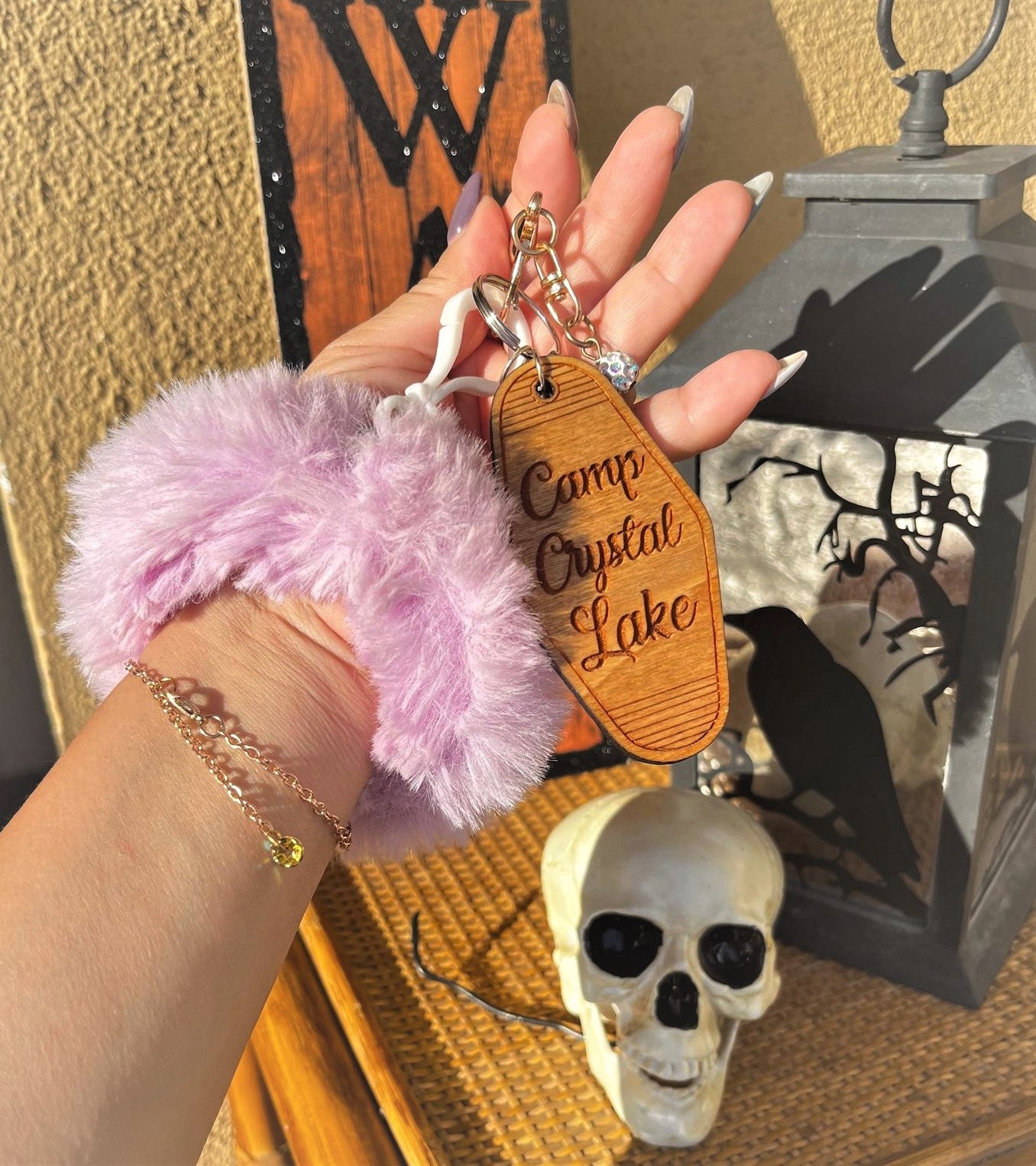 Crystal Lake Wooden Hotel Keychain with Fluffy Bracelet