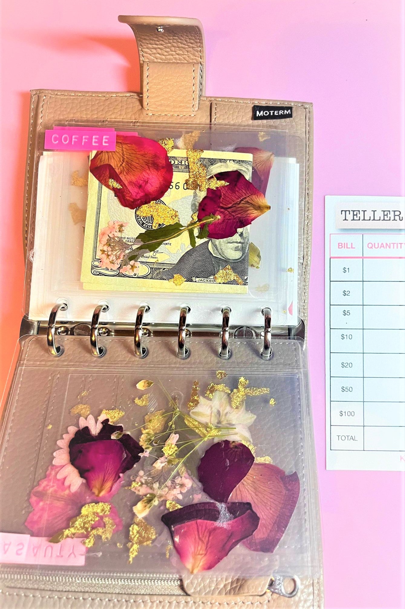 Clear Cash Envelope Pressed Roses and Gold Foil Flowers