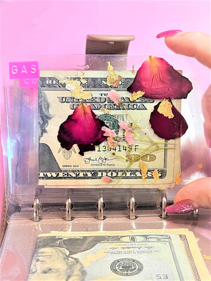 Clear Cash Envelope Pressed Roses and Gold Foil Flowers