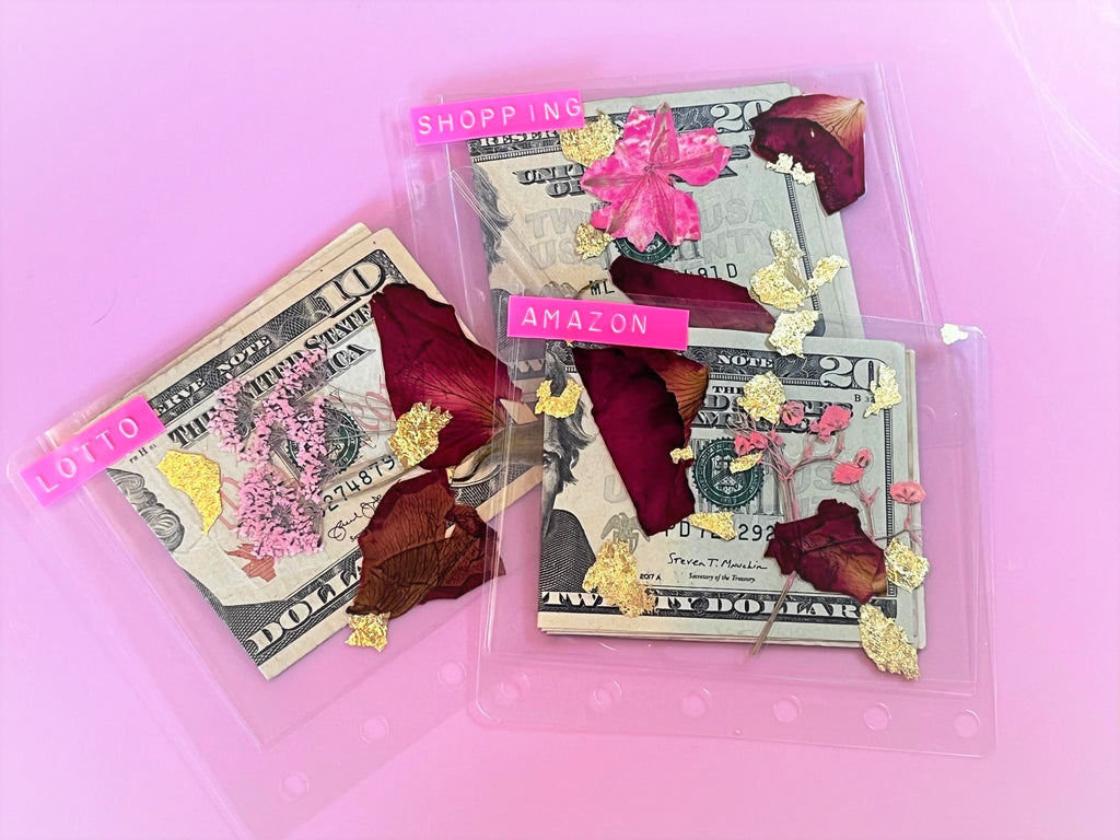 Clear Cash Envelope Pressed Roses and Gold Foil Flowers