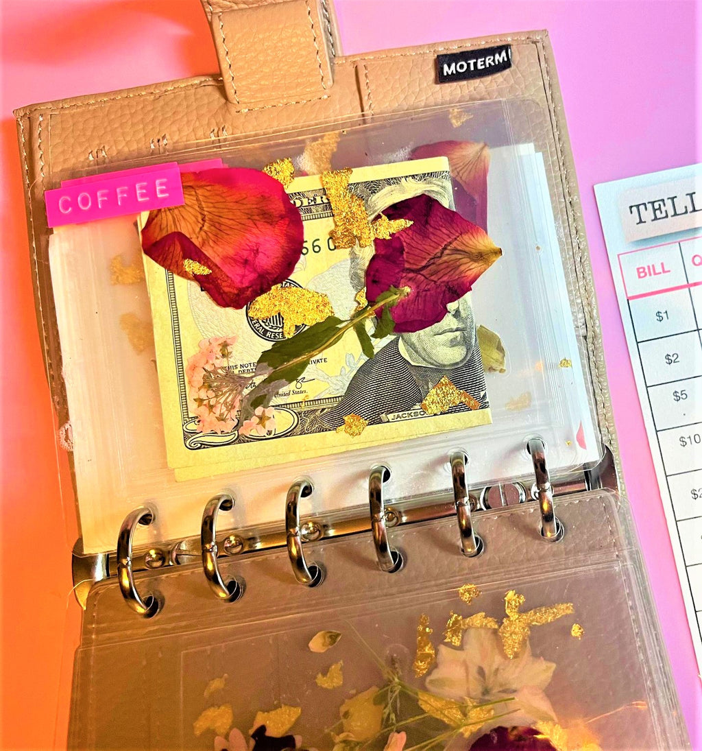Clear Cash Envelope Pressed Roses and Gold Foil Flowers