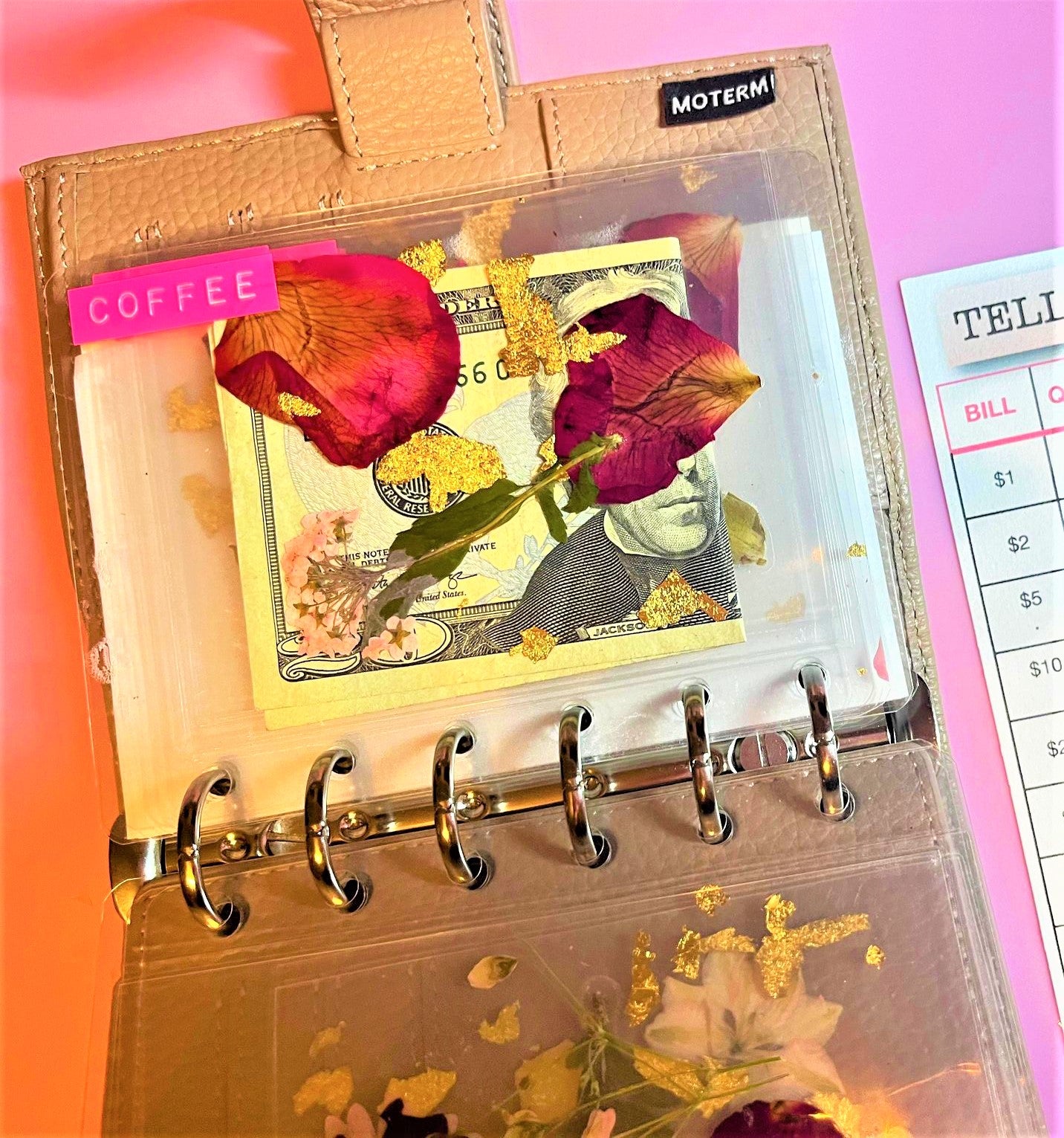 Clear Cash Envelope Pressed Roses and Gold Foil Flowers
