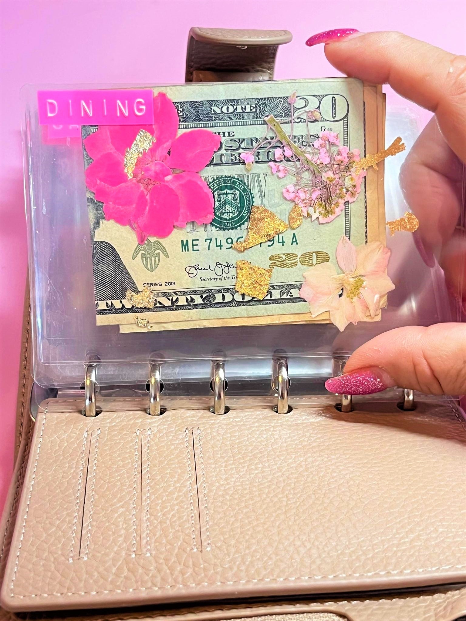 Clear Cash Envelope Pressed Roses and Gold Foil Flowers