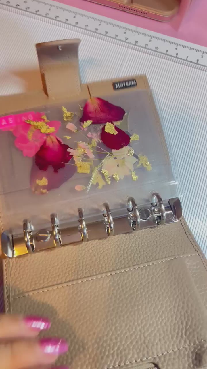 Clear Cash Envelope Pressed Roses and Gold Foil Flowers
