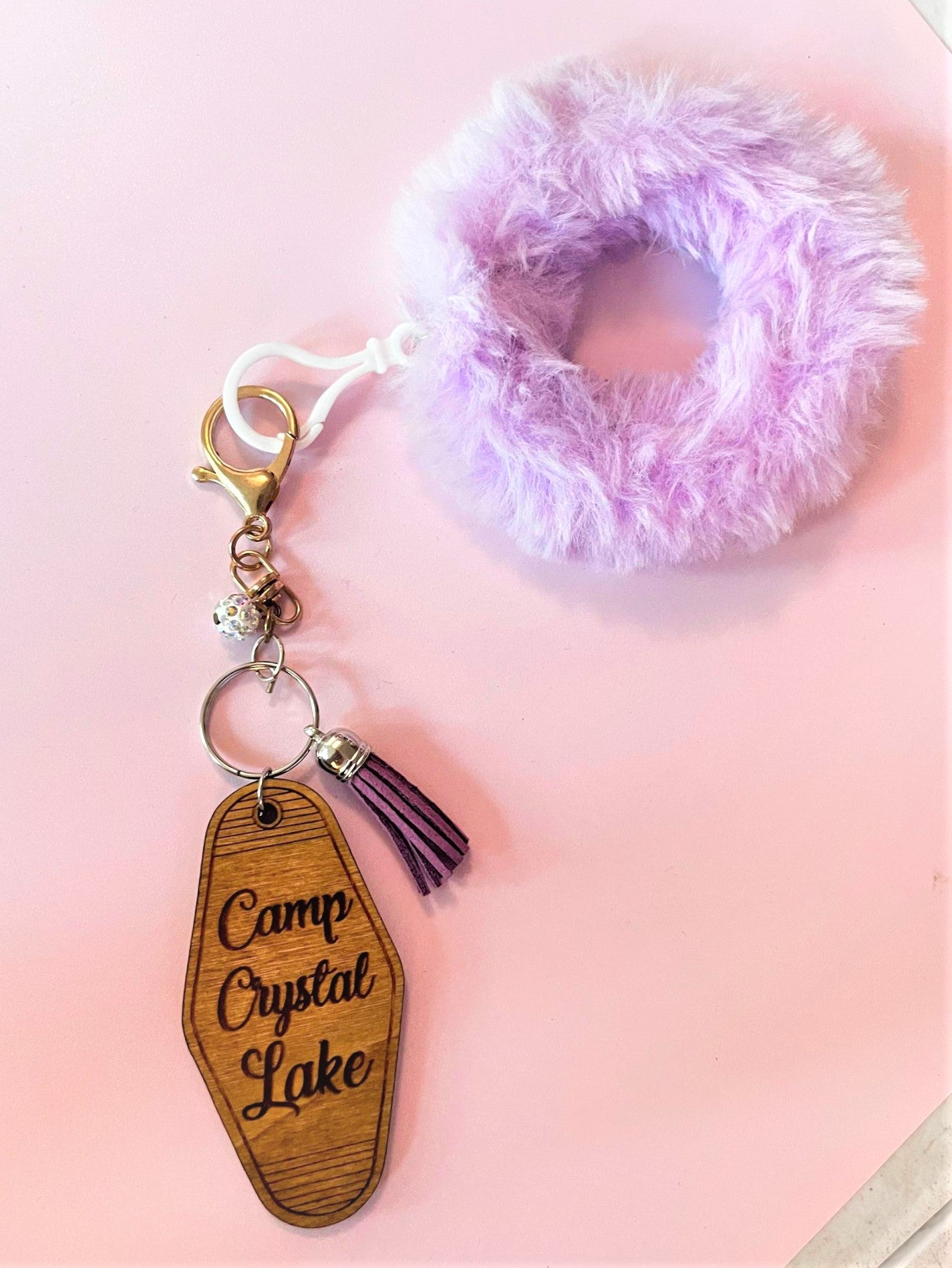 Crystal Lake Wooden Hotel Keychain with Fluffy Bracelet