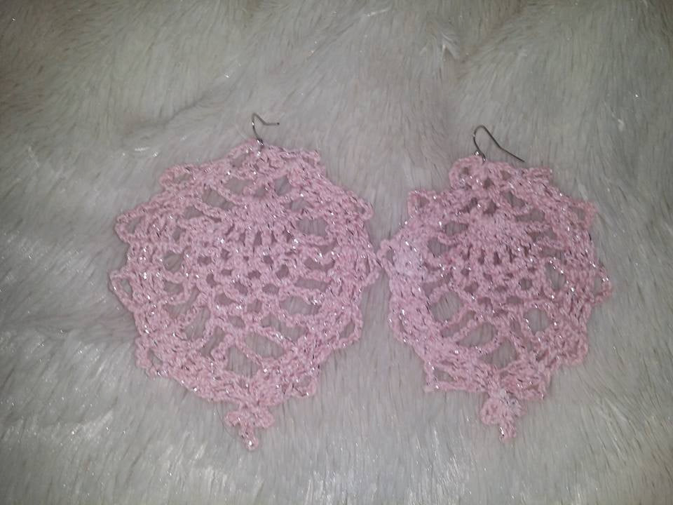 1 Pair Pink Glitter CROCHET HOOP Earrings Hand made Yarn earrings hoops