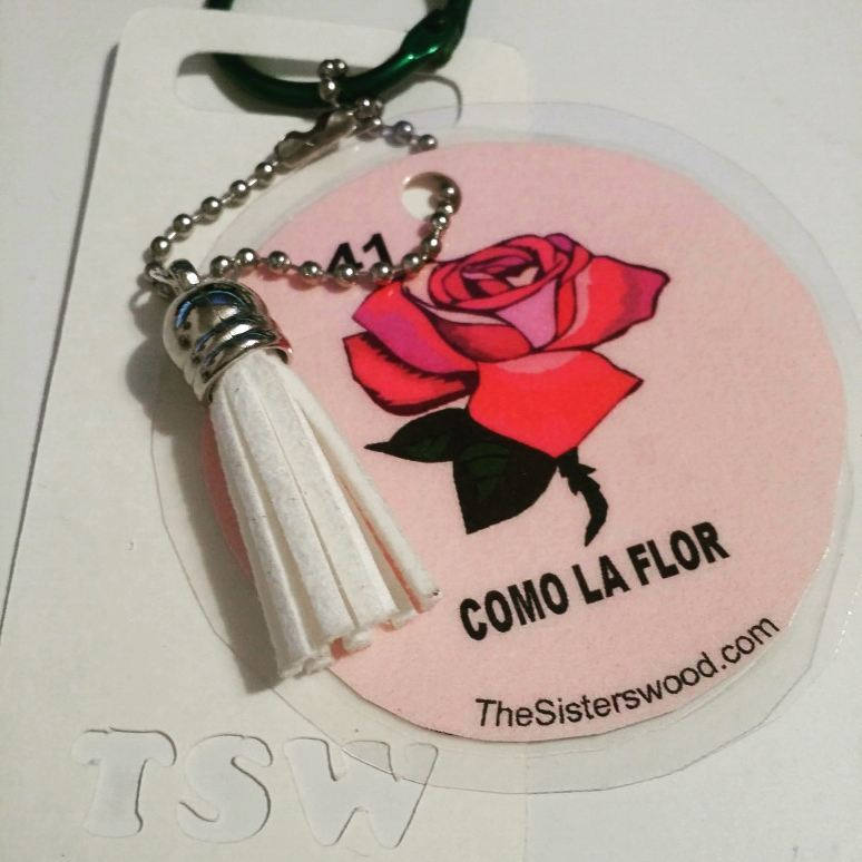 COMO LA FLOR Pink Laminated Purse or Planner Tag 3" with Tassle