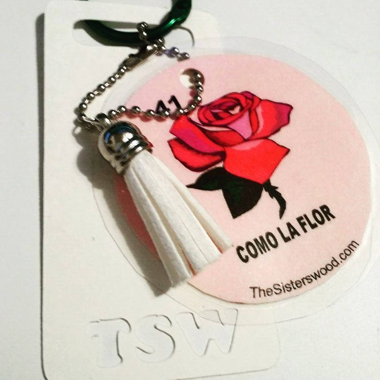 COMO LA FLOR Pink Laminated Purse or Planner Tag 3" with Tassle