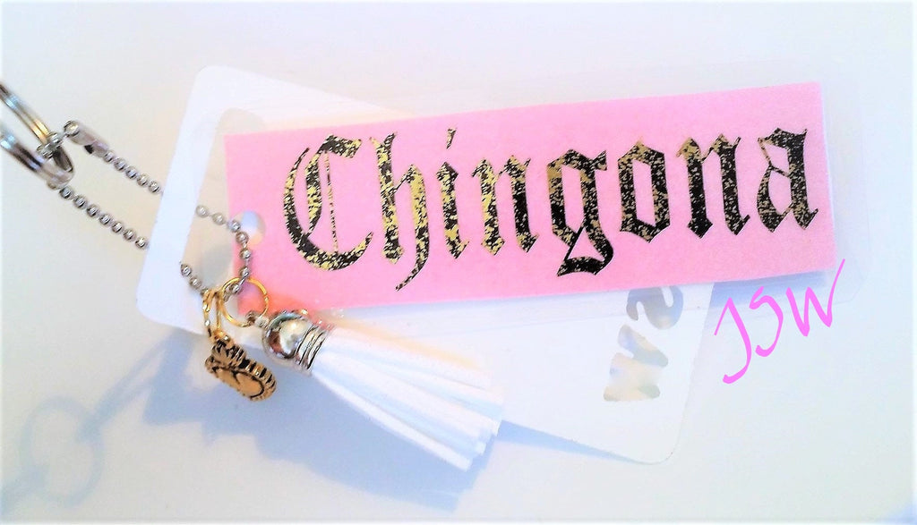 CHINGONA GOLD FOIL Laminated Purse or Planner Tag 3" with Tassle and Gold Heart