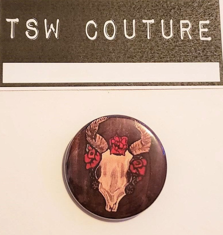 SKULL HORNS Bull Painting PIN Button 1.5"