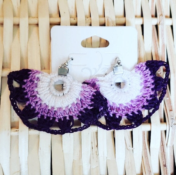 CROCHET TRI COLOR Fan Earrings Hand made 2.5"