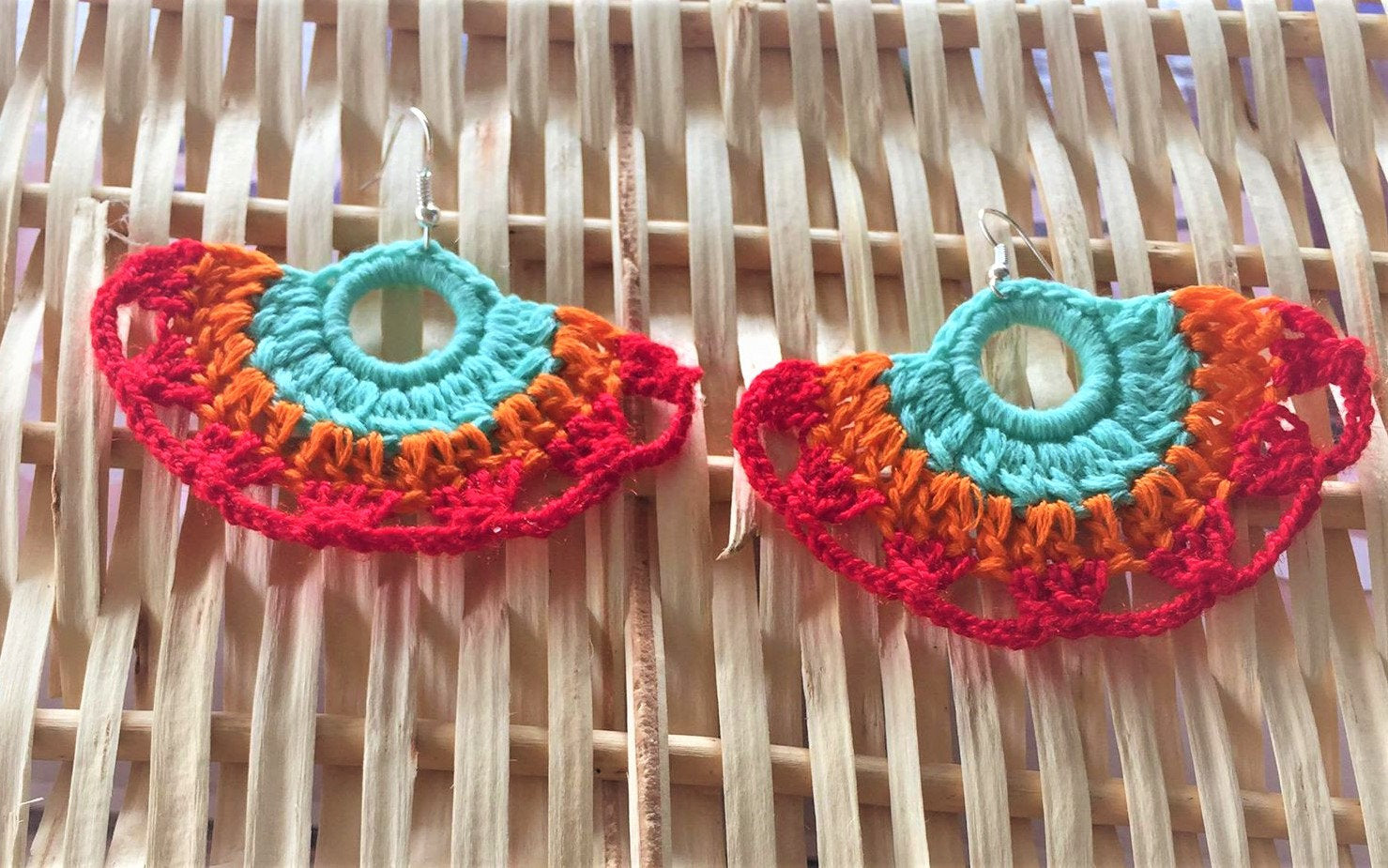 CROCHET TRI COLOR Fan Earrings Hand made 2.5"