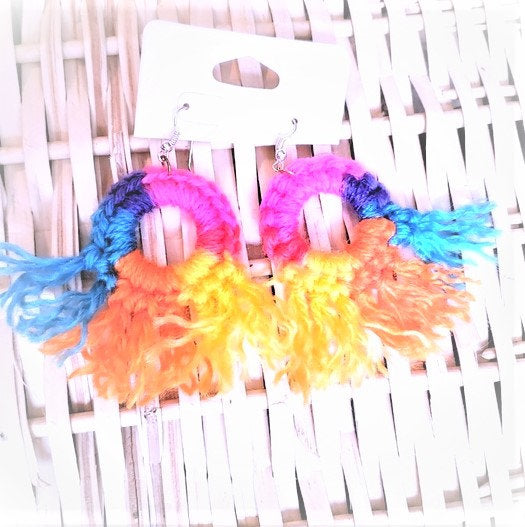 HAND CROCHET MULTI Colored Tassel Hoop Earrings 2.5"
