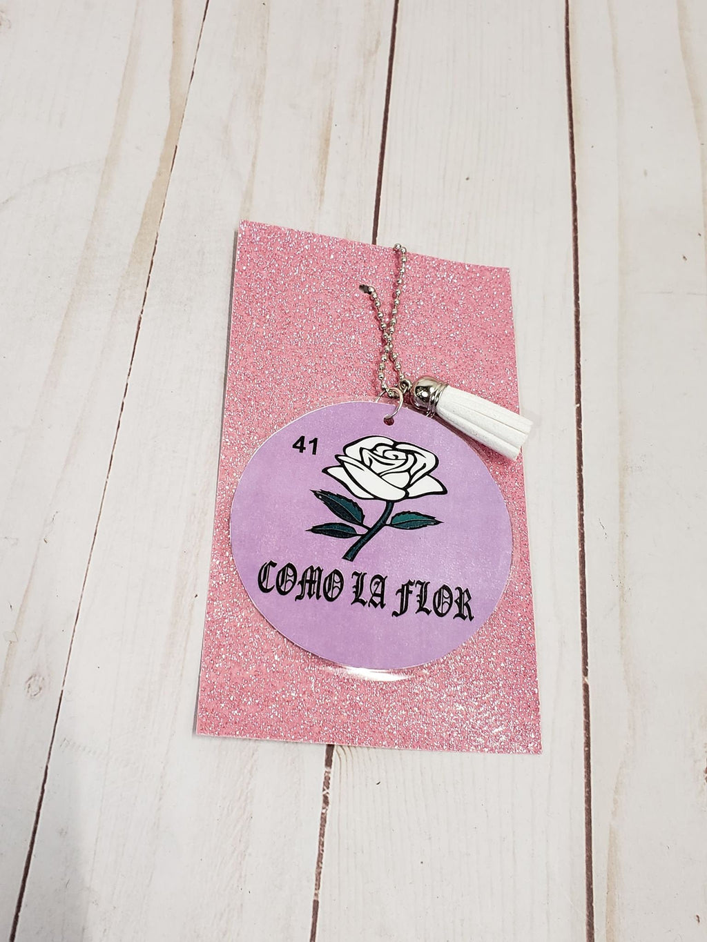 COMO LA FLOR Pink Laminated Purse or Planner Tag 3" with Tassle Lilac
