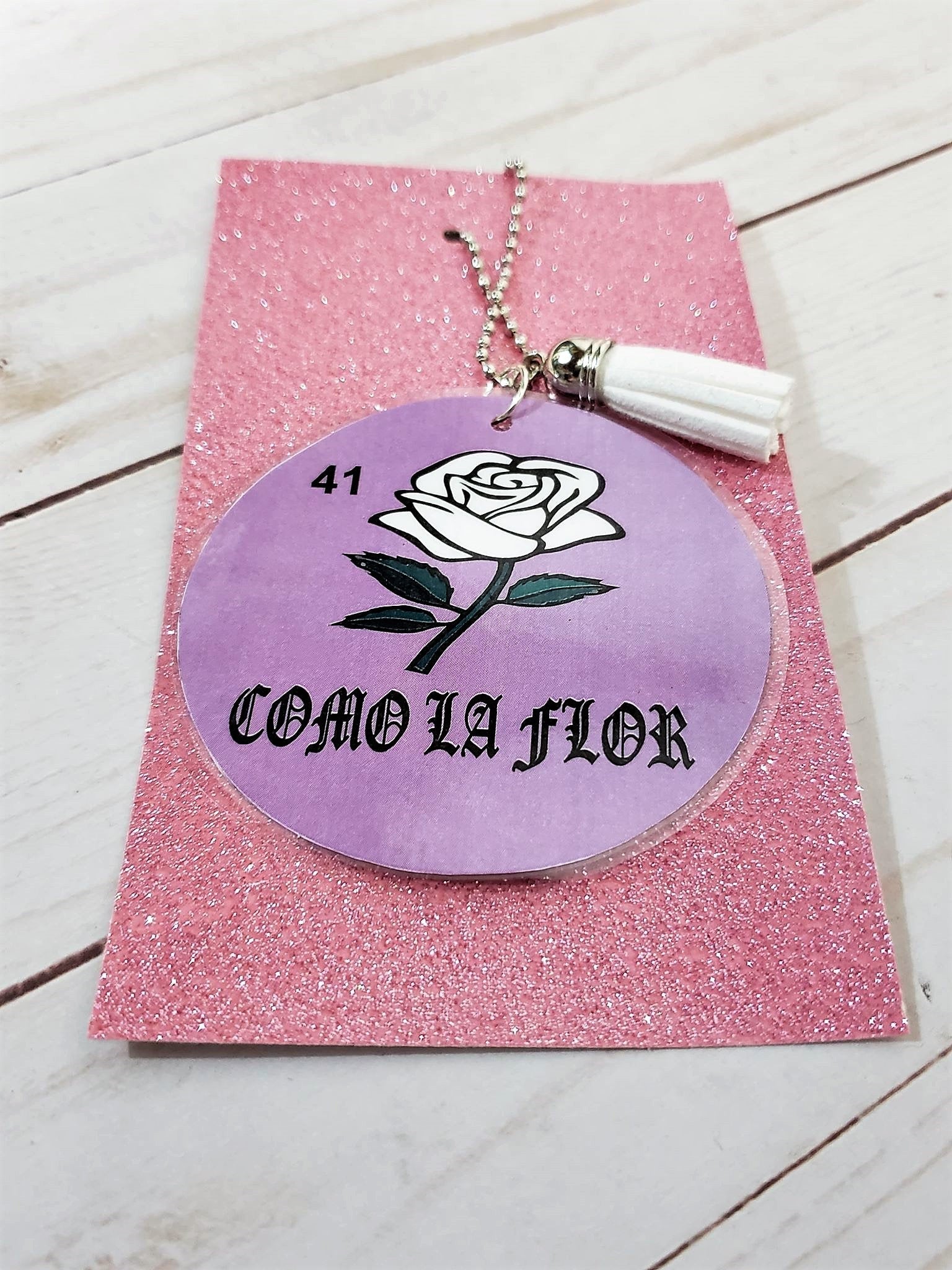 COMO LA FLOR Pink Laminated Purse or Planner Tag 3" with Tassle Lilac