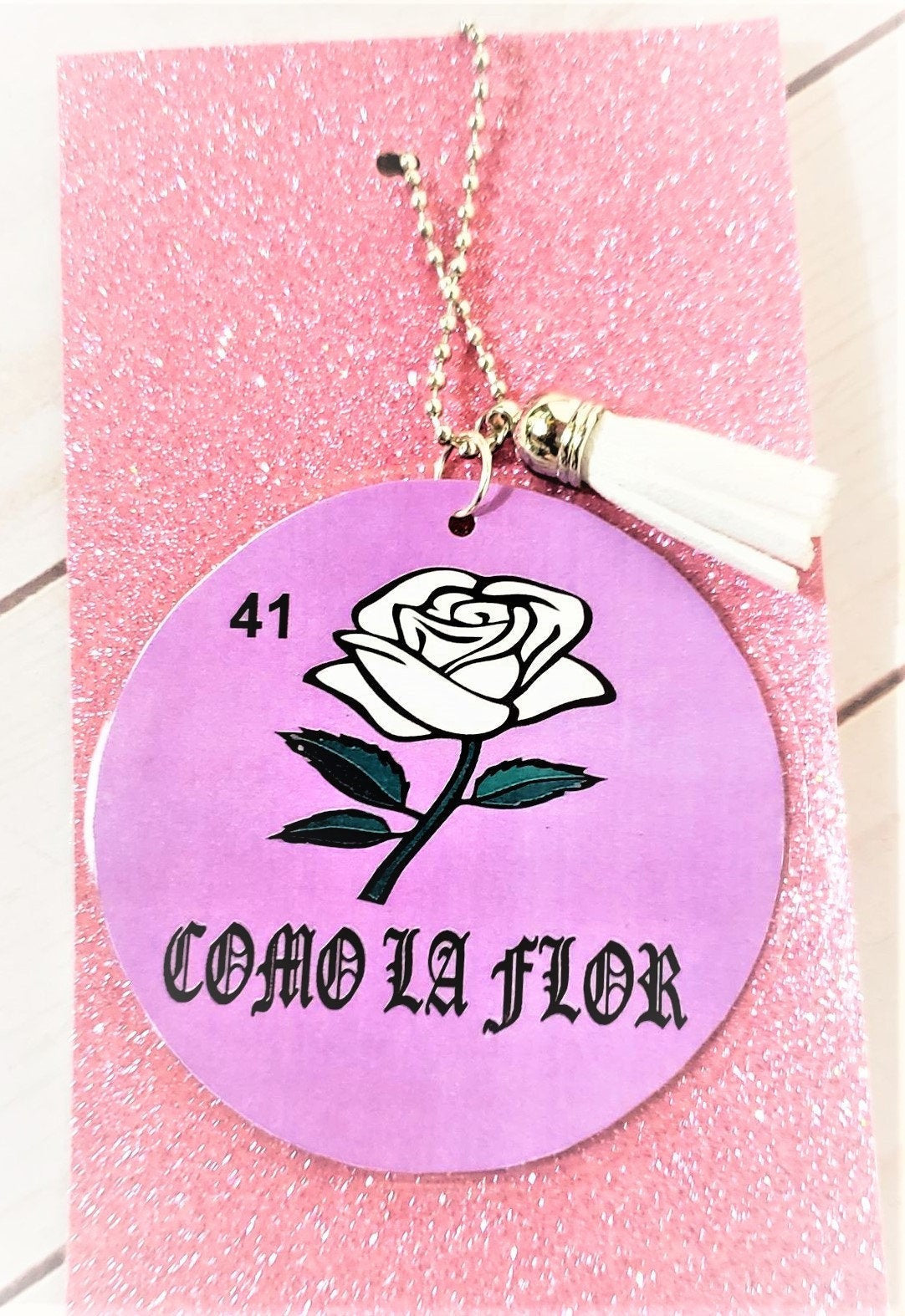 COMO LA FLOR Pink Laminated Purse or Planner Tag 3" with Tassle Lilac