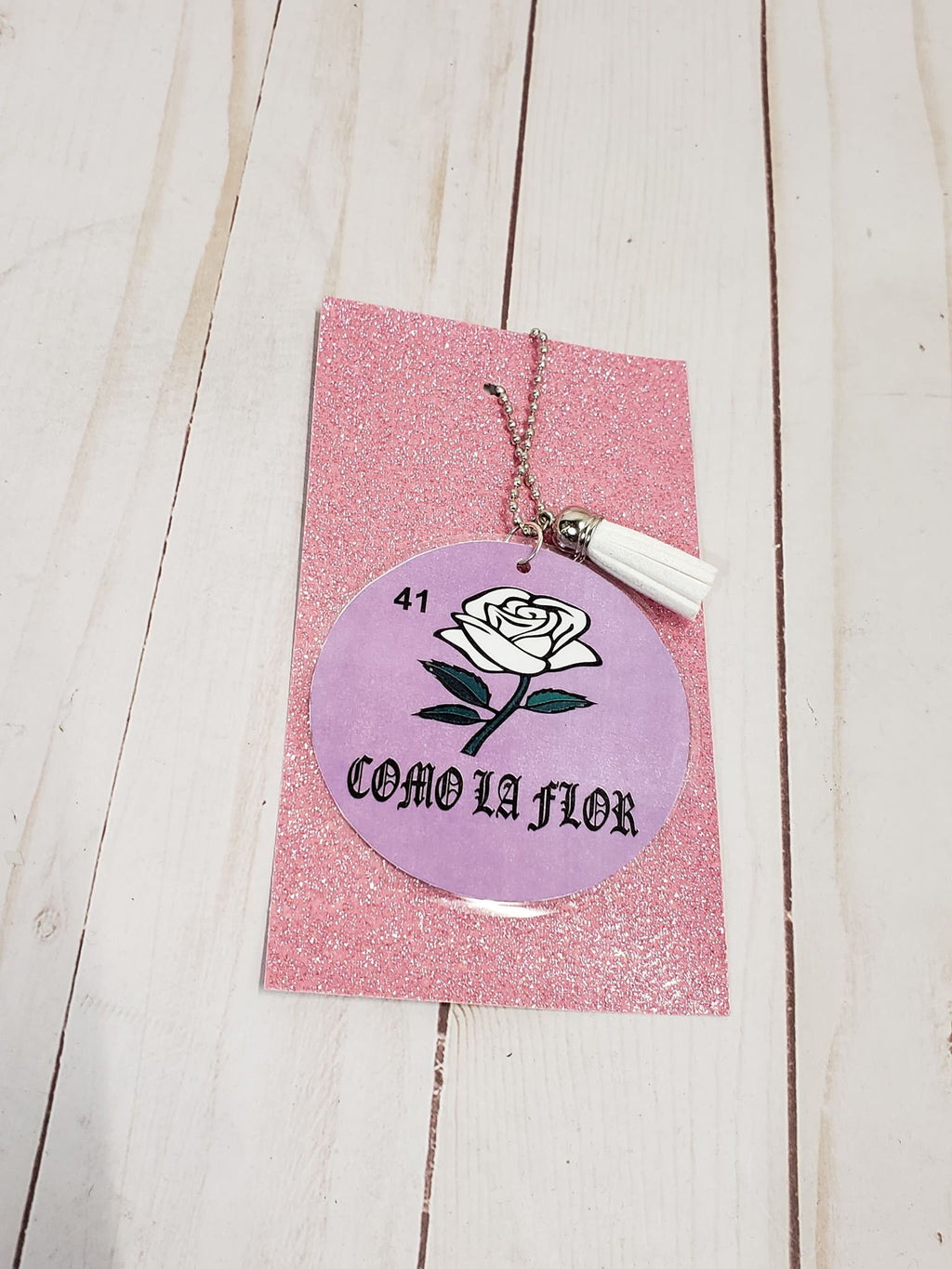 COMO LA FLOR Pink Laminated Purse or Planner Tag 3" with Tassle