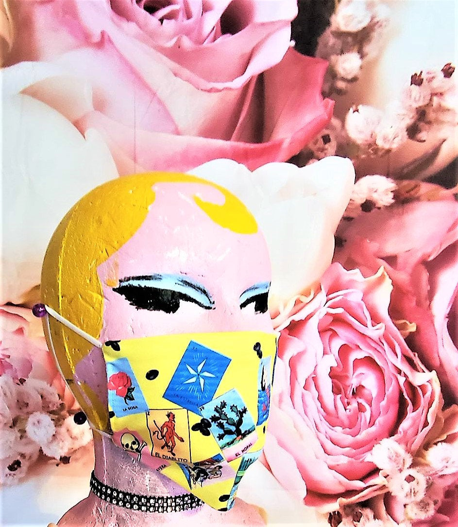 LOTERIA WITH BEANS Print Adult Face Mask Double Layer 100% Organic Cotton Washable Reusable Made in U S A