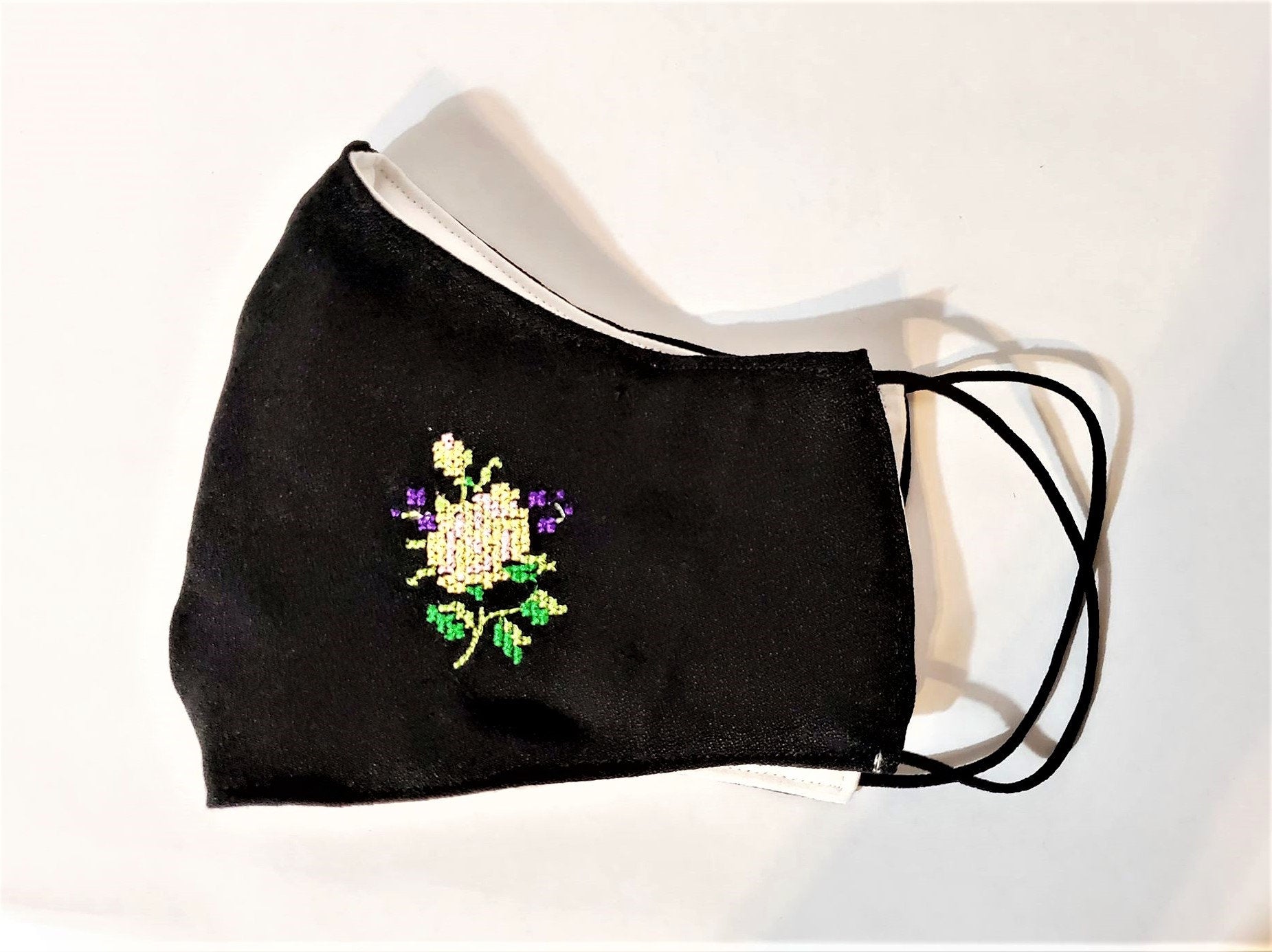 BLACK EMBROIDERED FLOWER Adult Face Mask Double Layer Face Cover Washable Reusable Made in Orange, California