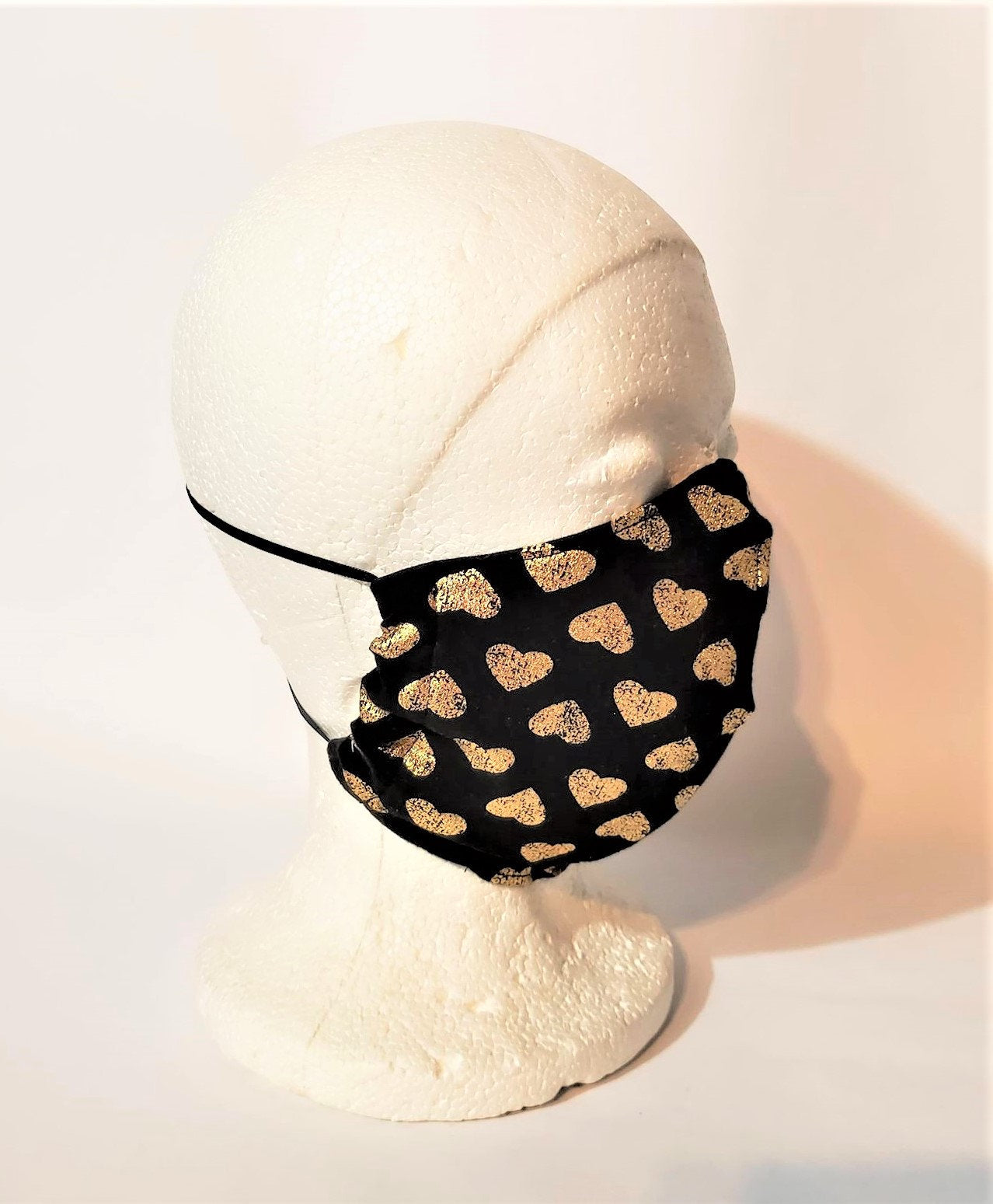 GOLD HEARTS BLACK Adult Face Mask Double Layer Face Cover Washable Reusable Made in Orange, California