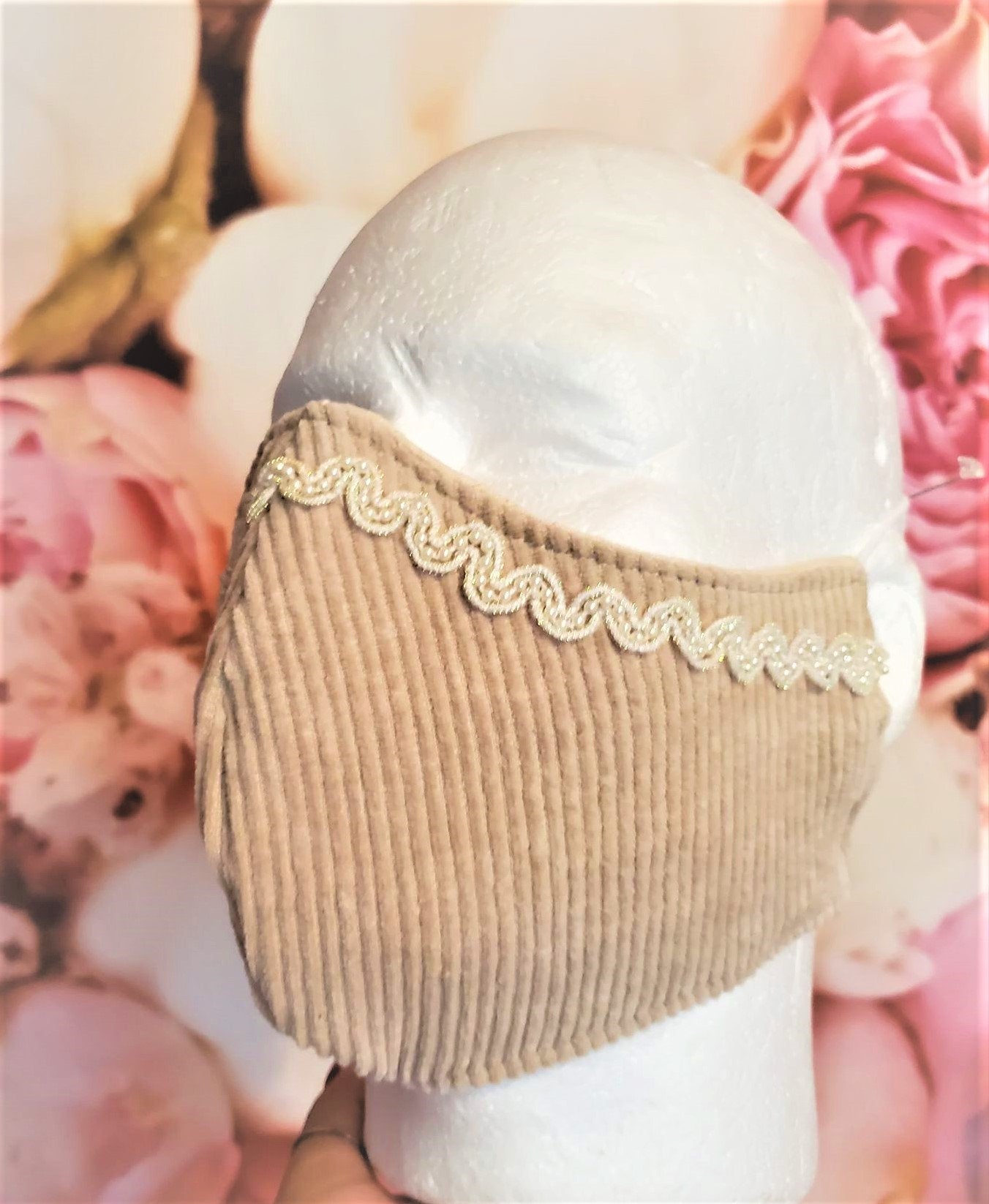 CORDUROY BEIGE LACE with pearls Adult Face Mask Double Layer Face Cover Washable Reusable Made in Orange, California